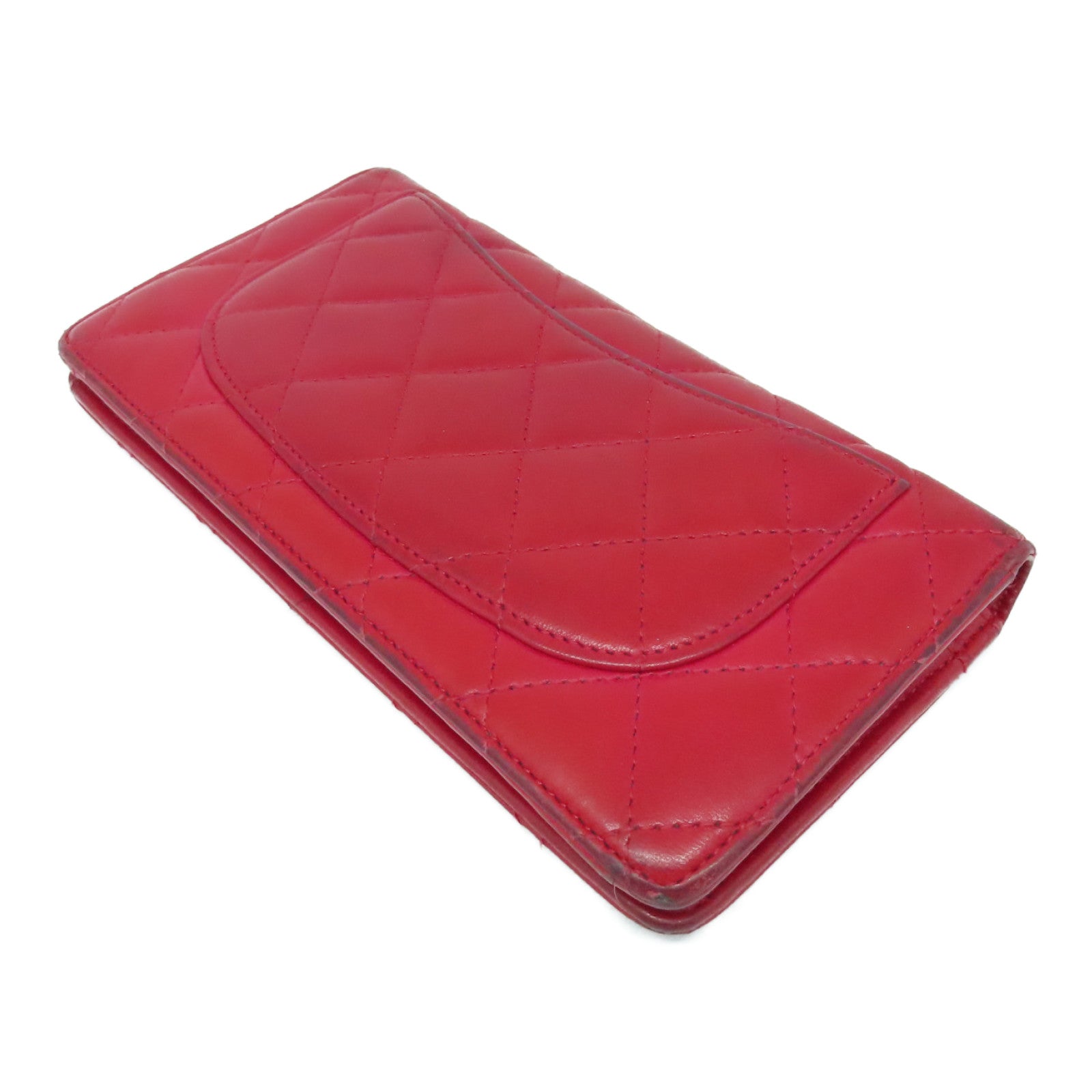 CHANEL 菱格羊皮皮革Long Wallet银扣长钱包红色