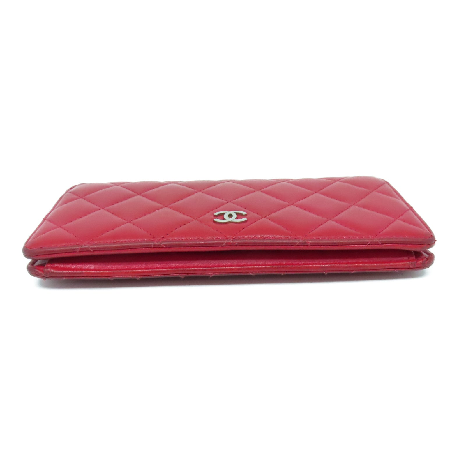 CHANEL 菱格羊皮皮革Long Wallet银扣长钱包红色