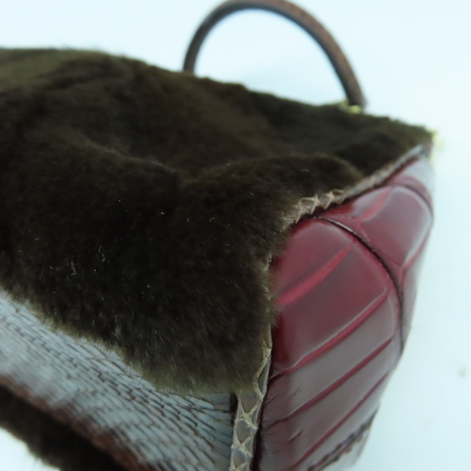 D&G 蛇皮皮革/Fur 2 Way Shoulder金扣手挽肩背兩用袋啡色/紅色