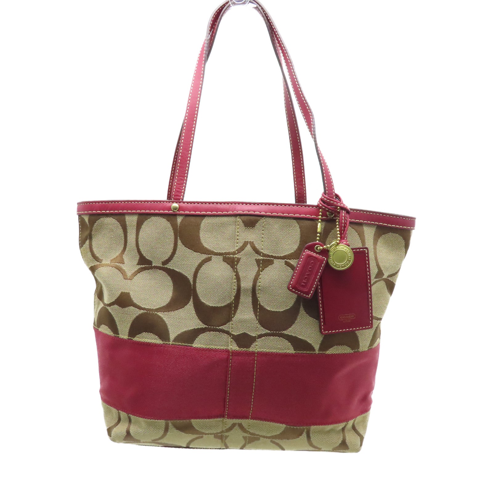 COACH Canvas Shoulder Bag Gold Buckle Brown/Red