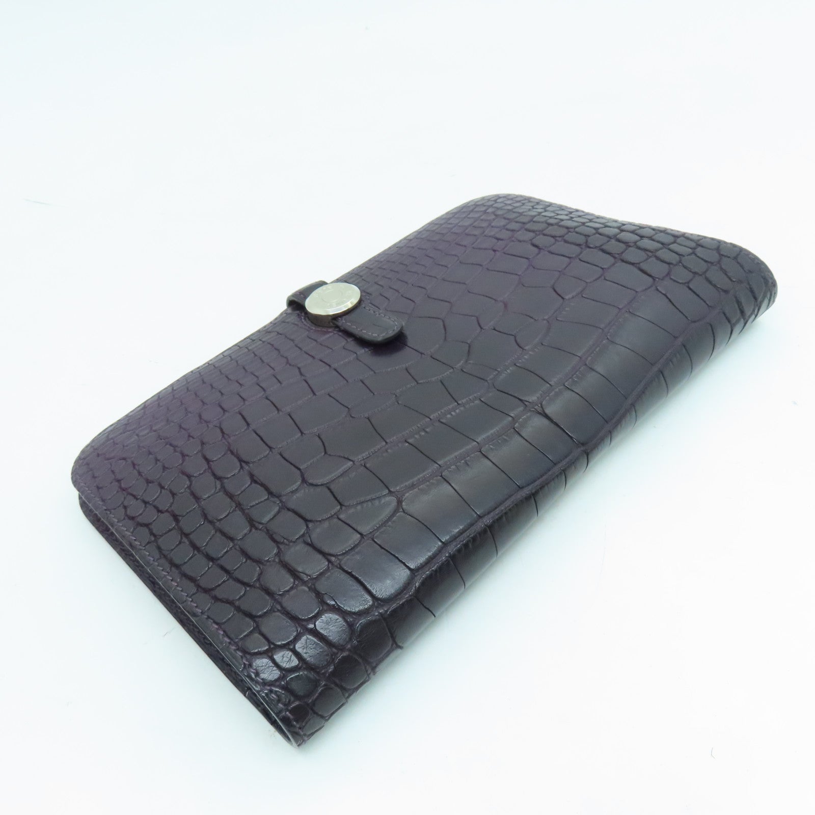 HERMES Alligator Leather Dogon GM Silver Buckle Long Wallet