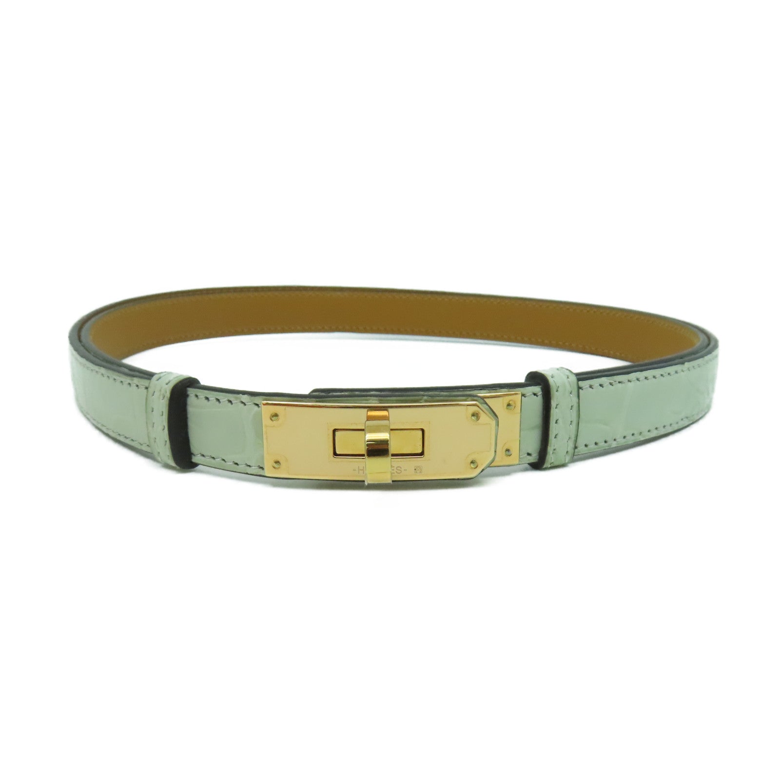 HERMES 【激減優惠】鱷魚皮革Kelly Belt金扣皮帶鼠尾草色