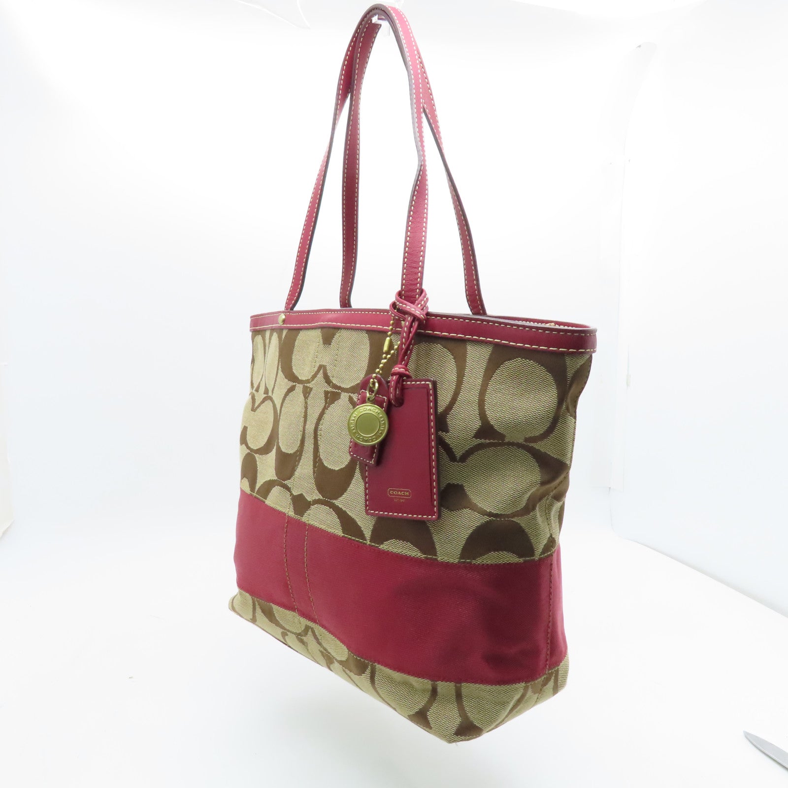 COACH Canvas Shoulder Bag Gold Buckle Brown/Red