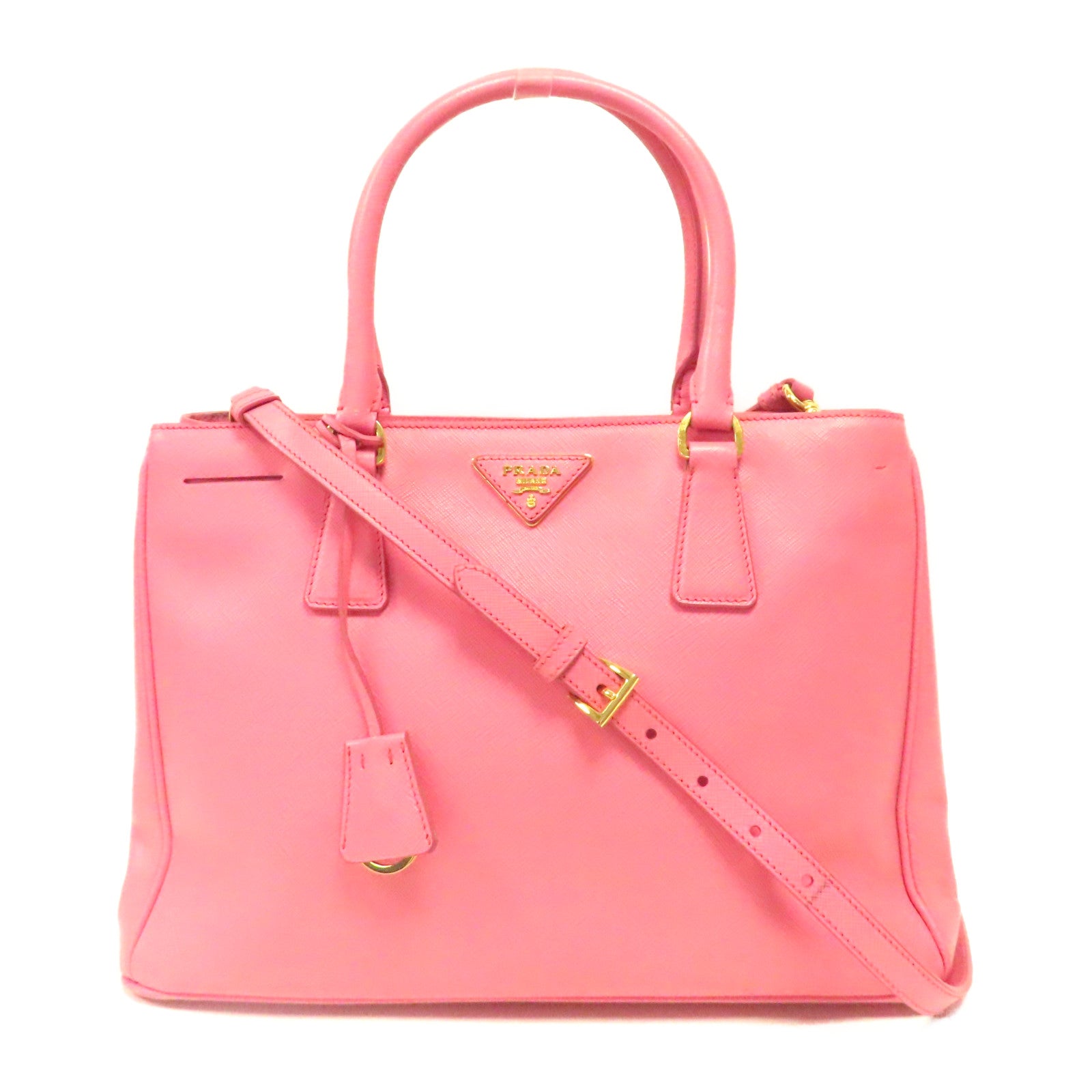 PRADA Saffiano皮革2 way Shoulder金扣手挽肩背兩用袋粉紅色
