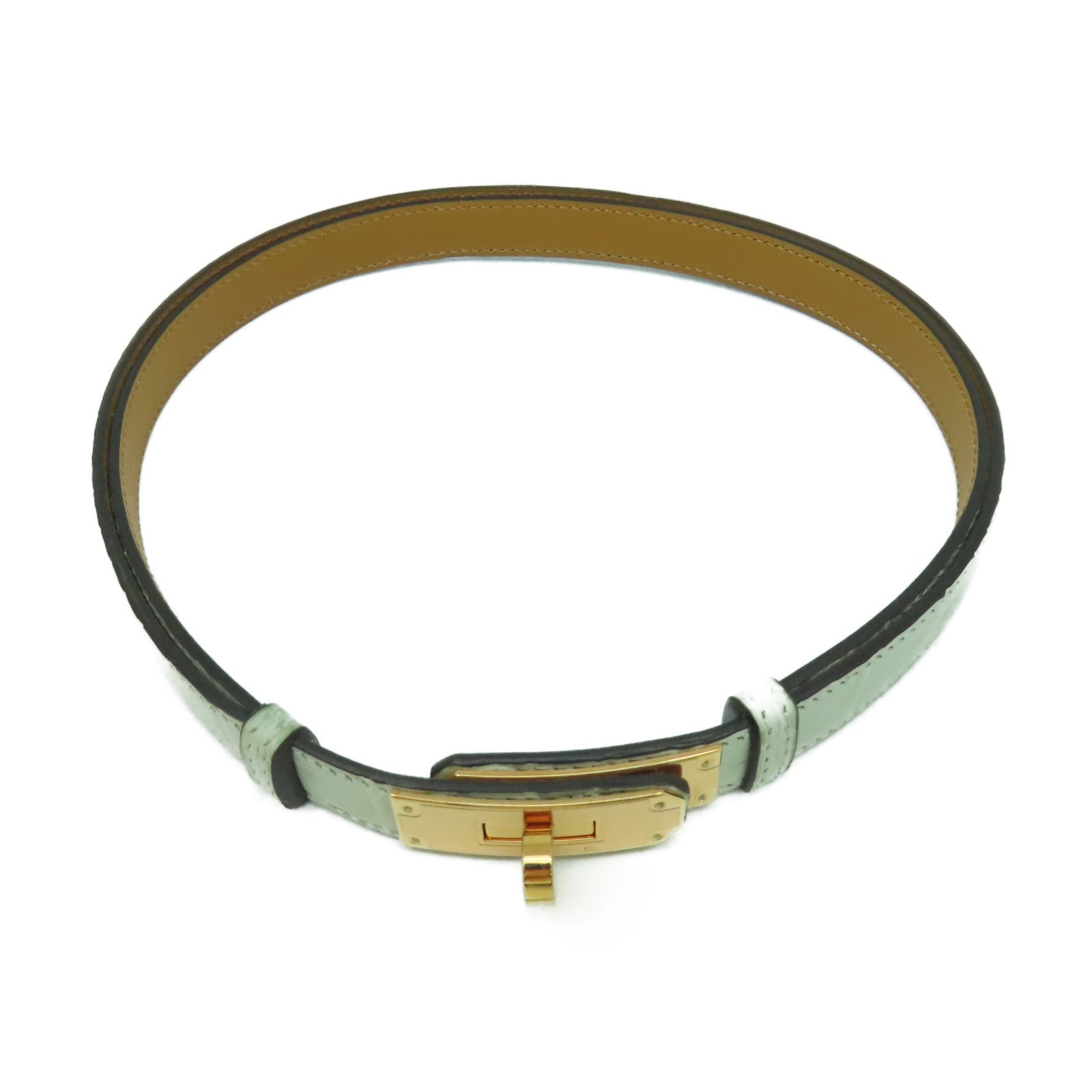HERMES 【激減優惠】鱷魚皮革Kelly Belt金扣皮帶鼠尾草色