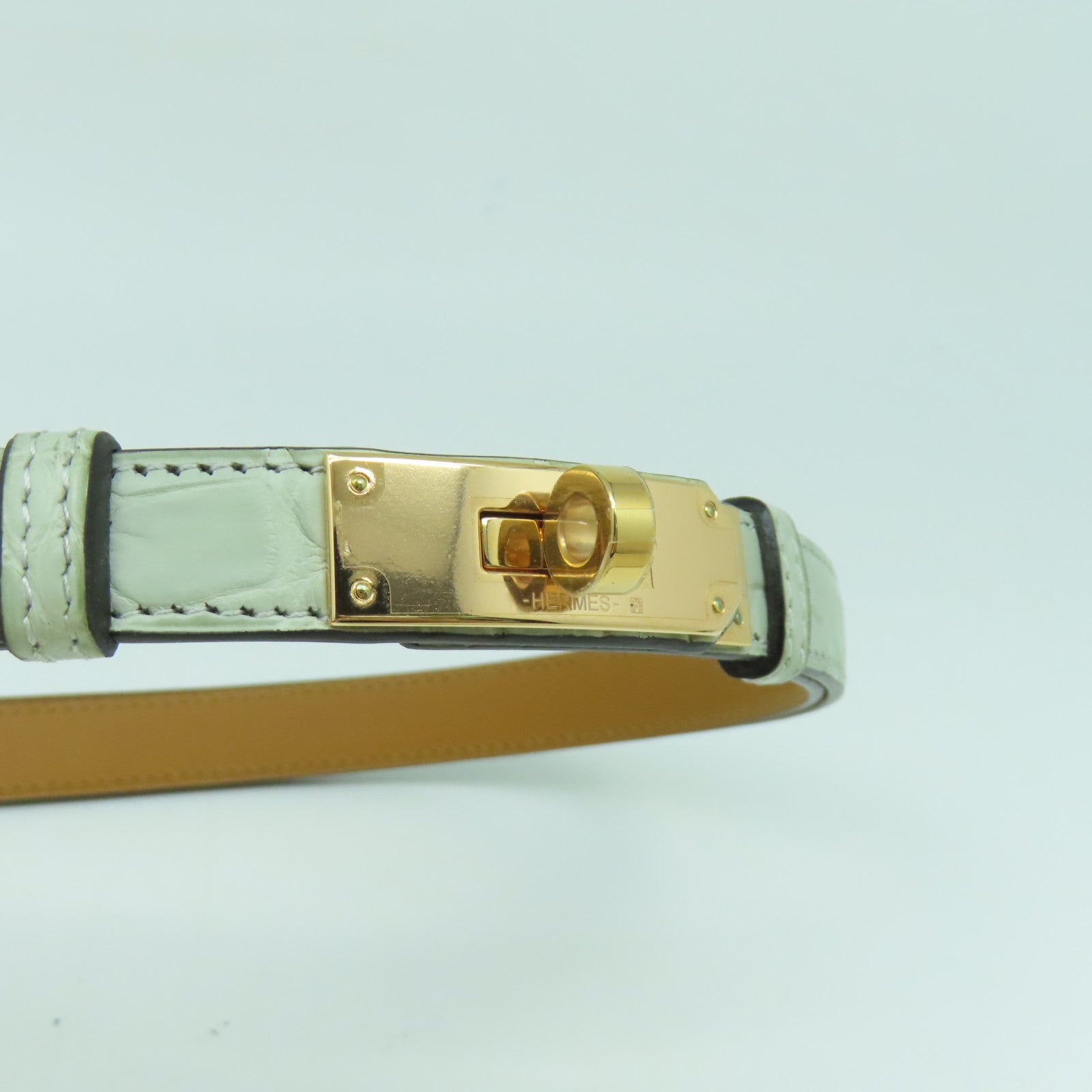 HERMES 【激減優惠】鱷魚皮革Kelly Belt金扣皮帶鼠尾草色