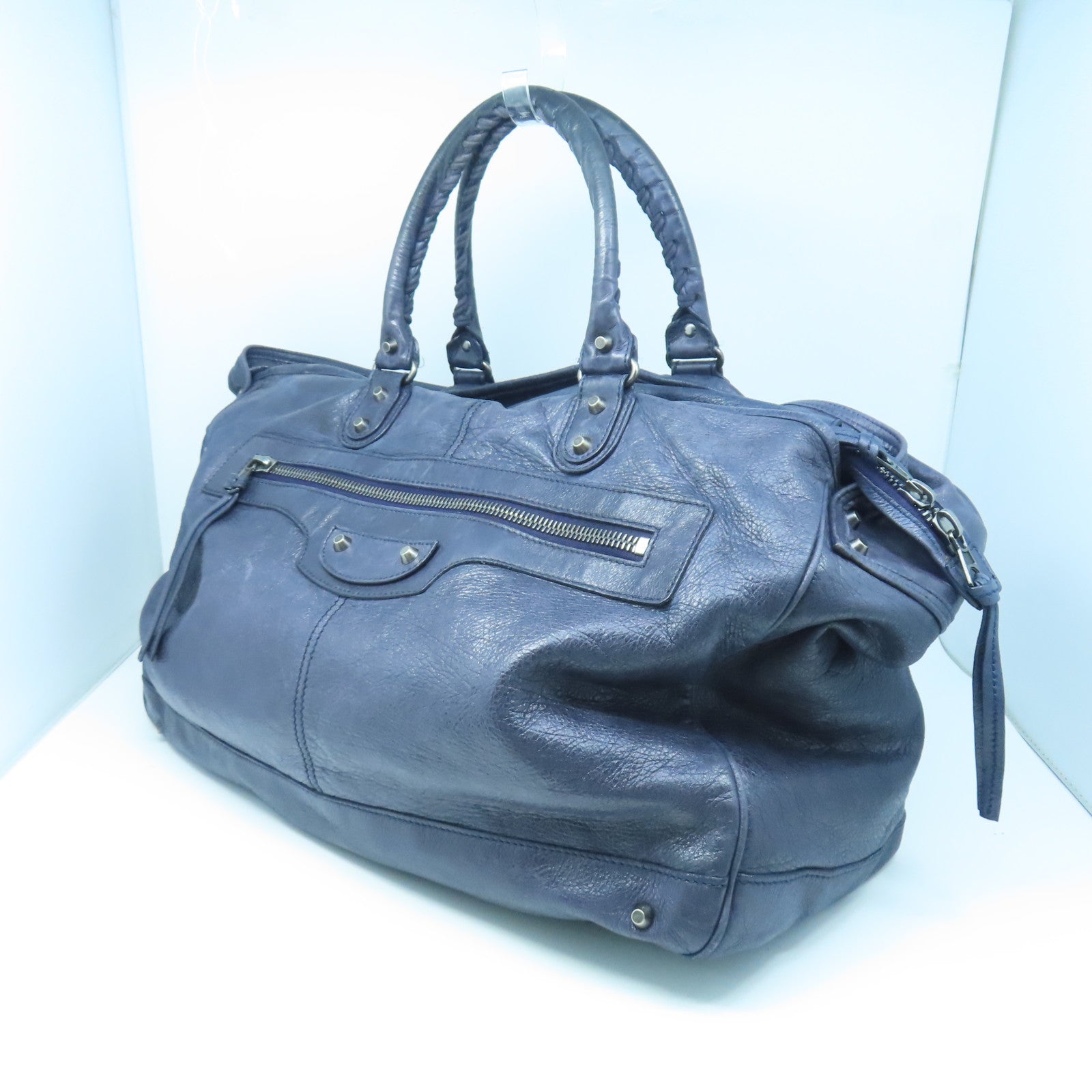 BALENCIAGA Sheepskin Leather Shoulder Bag Silver Buckle Shoulder Bag Blue