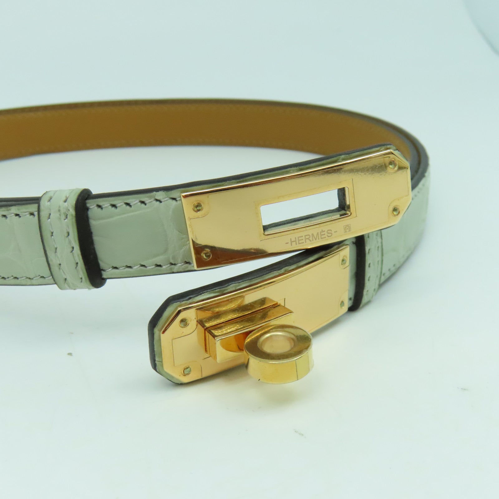 HERMES 【激減優惠】鱷魚皮革Kelly Belt金扣皮帶鼠尾草色