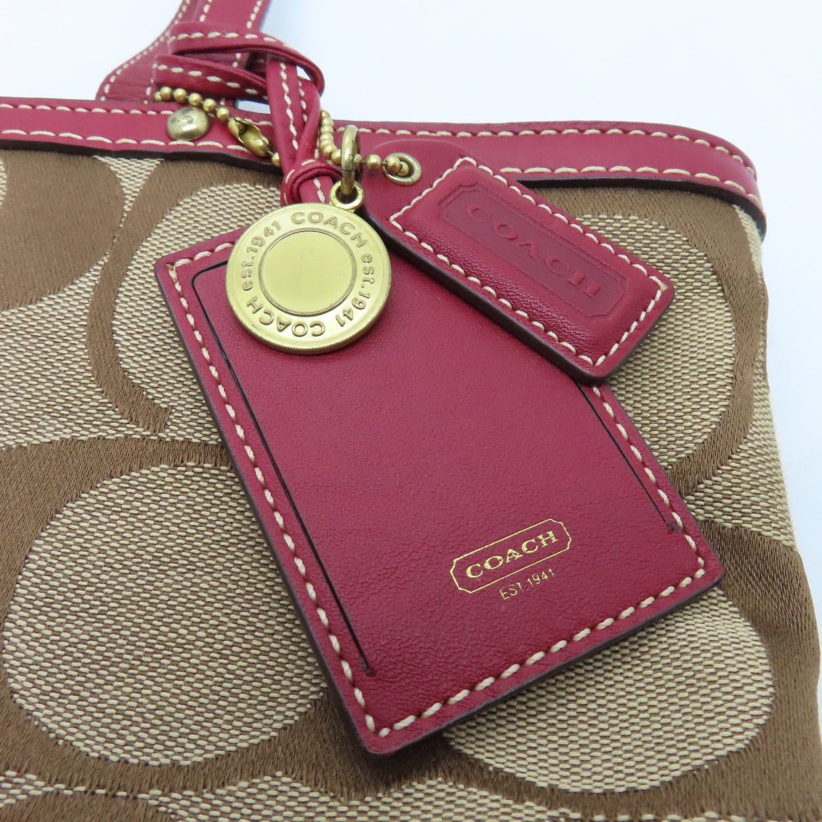 COACH Canvas Shoulder Bag Gold Buckle Brown/Red