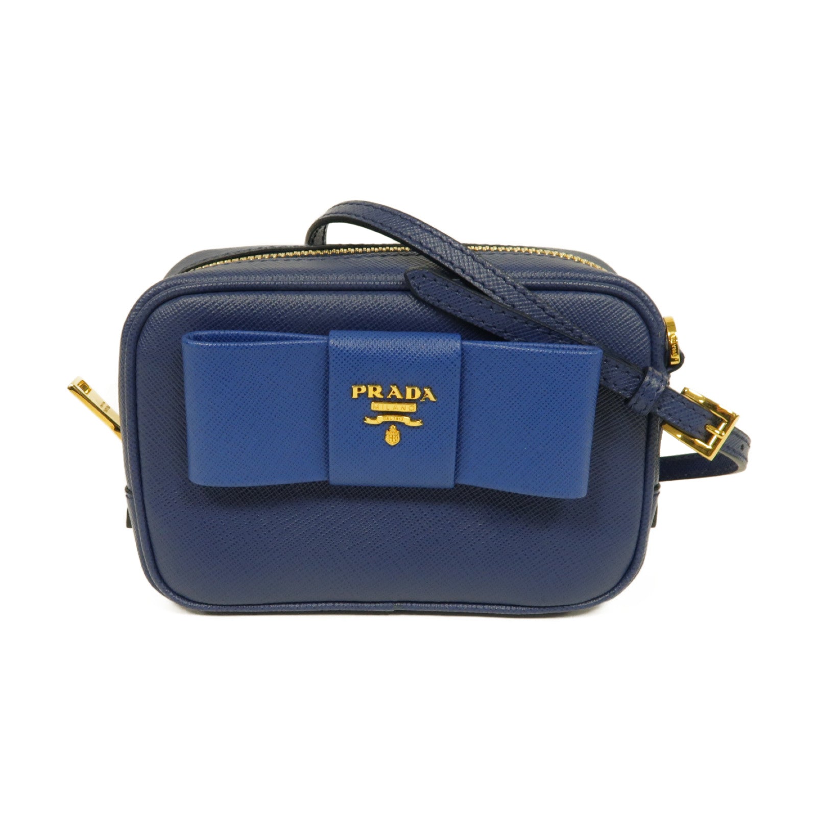 PRADA Saffiano皮革Mini Bag金扣肩背袋藍色