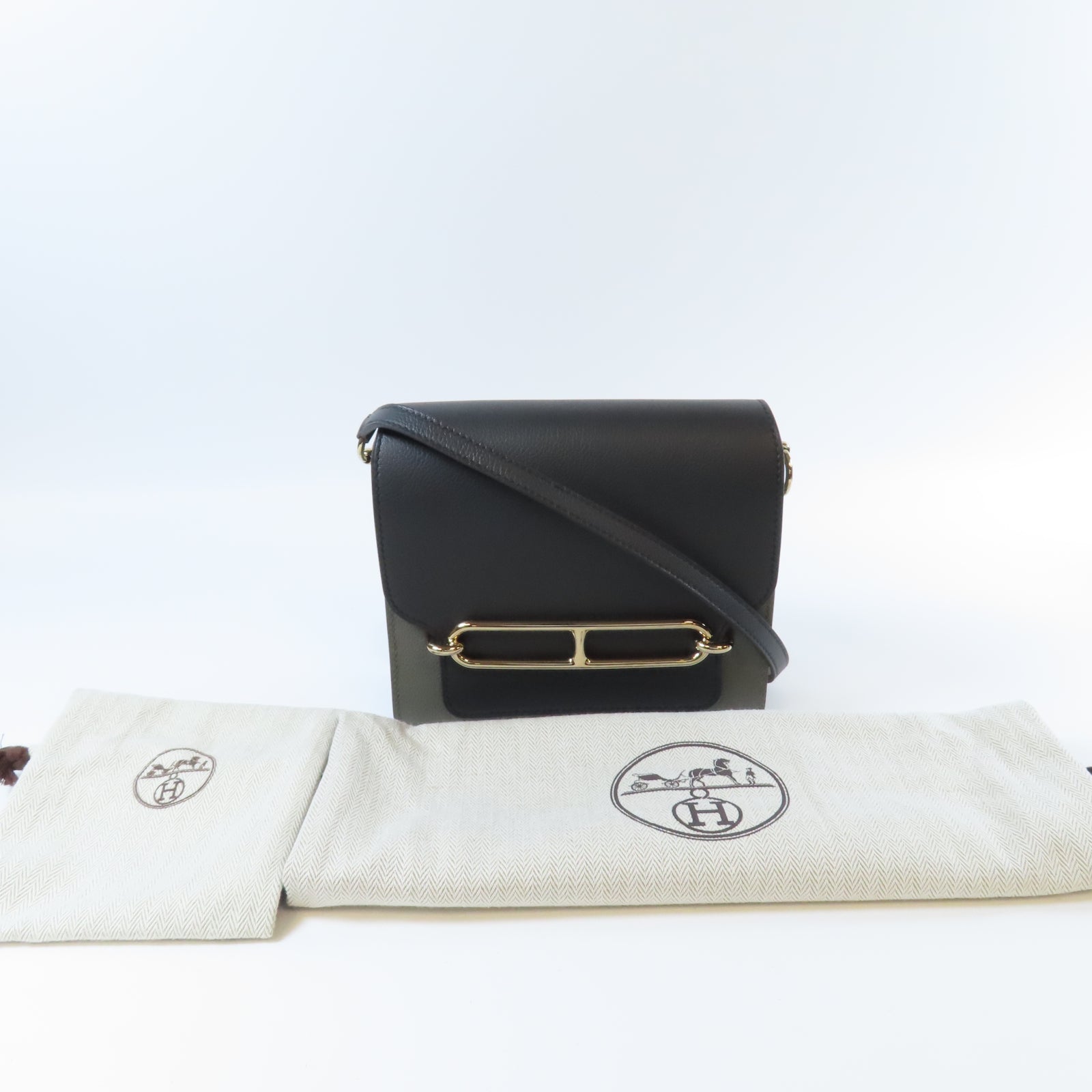 HERMES Evercolor皮革Mini Roulis金扣肩背袋深灰色