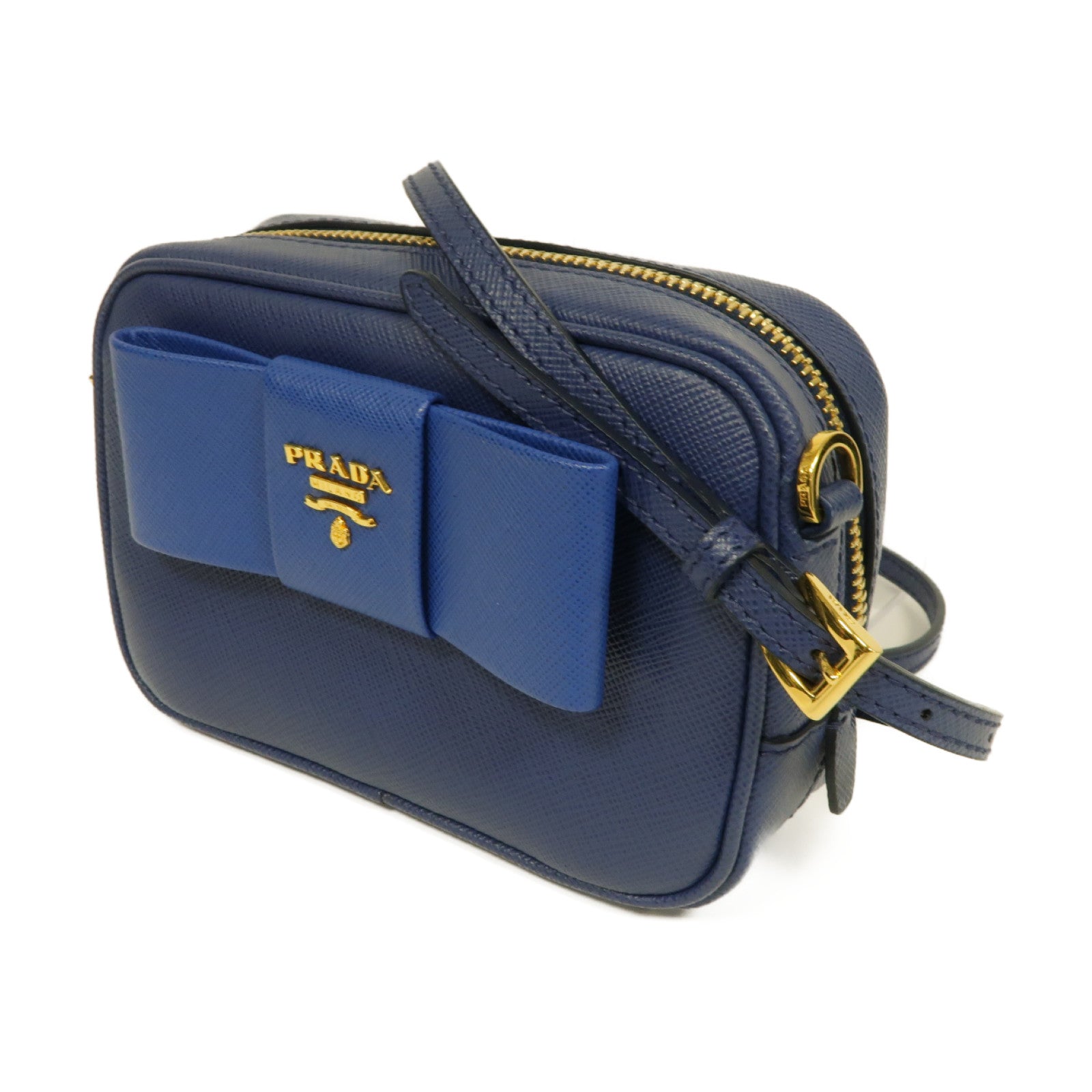 PRADA Saffiano皮革Mini Bag金扣肩背袋藍色