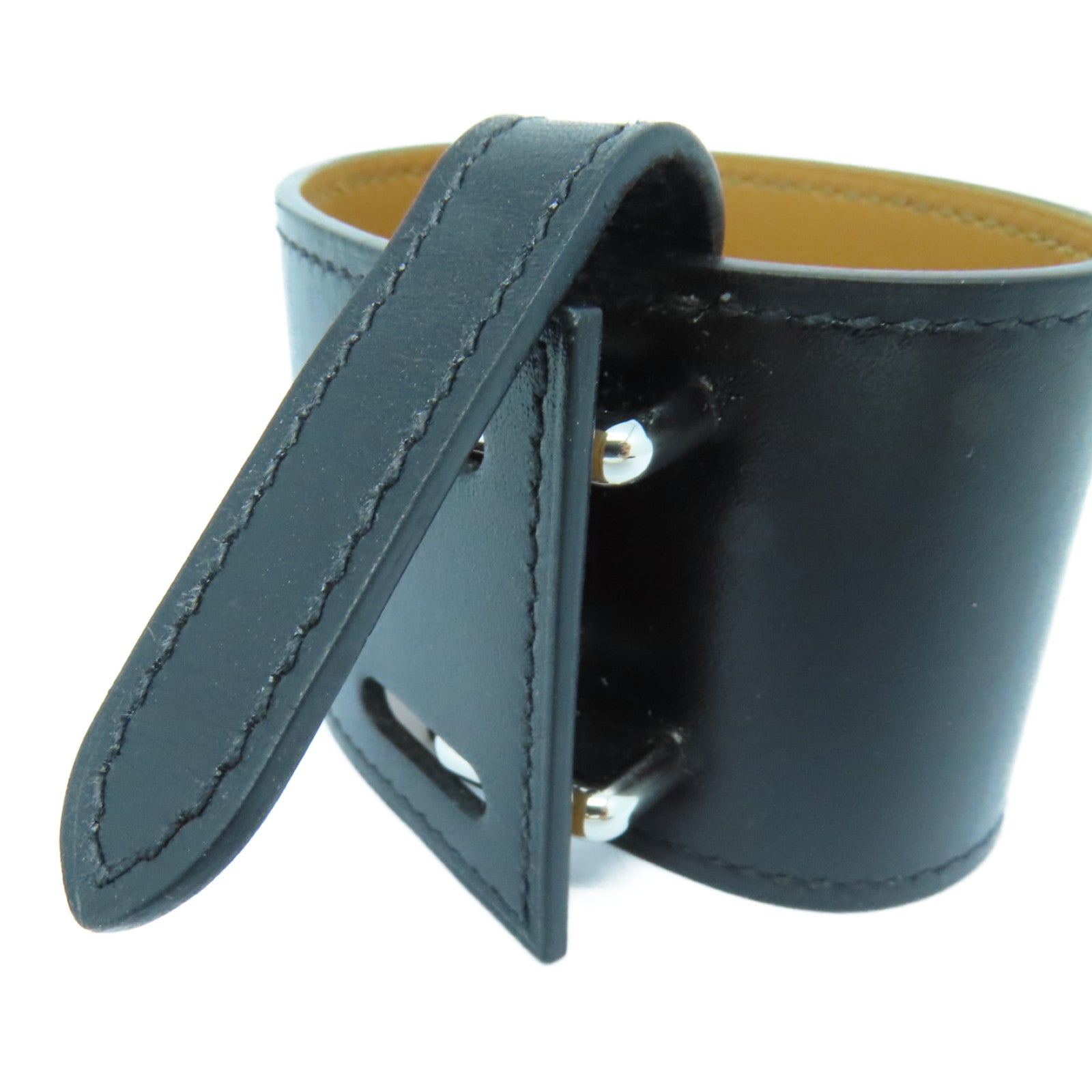 HERMES Box Calf皮革Cuir Izy Bracele银扣手链黑色