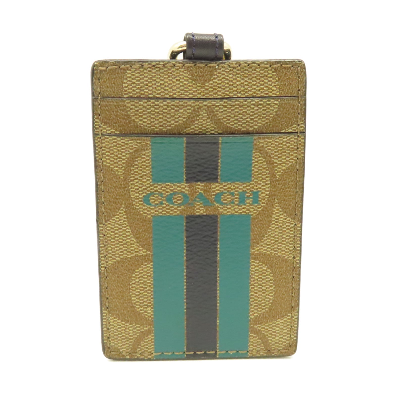 COACH 塗層帆布Card Case金扣卡片套啡色/綠色