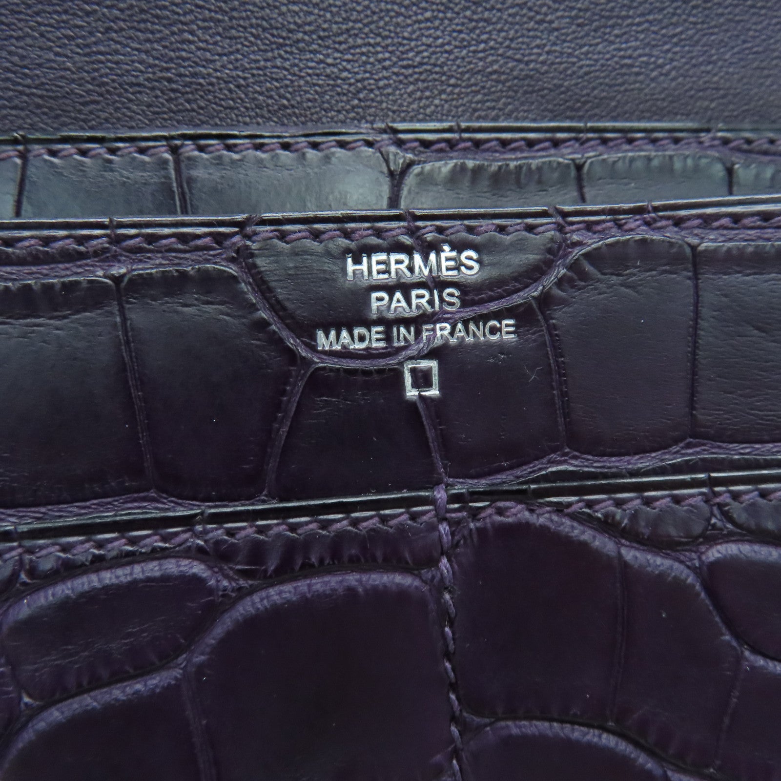 HERMES 鳄鱼皮革Dogon GM银扣长钱包紫色