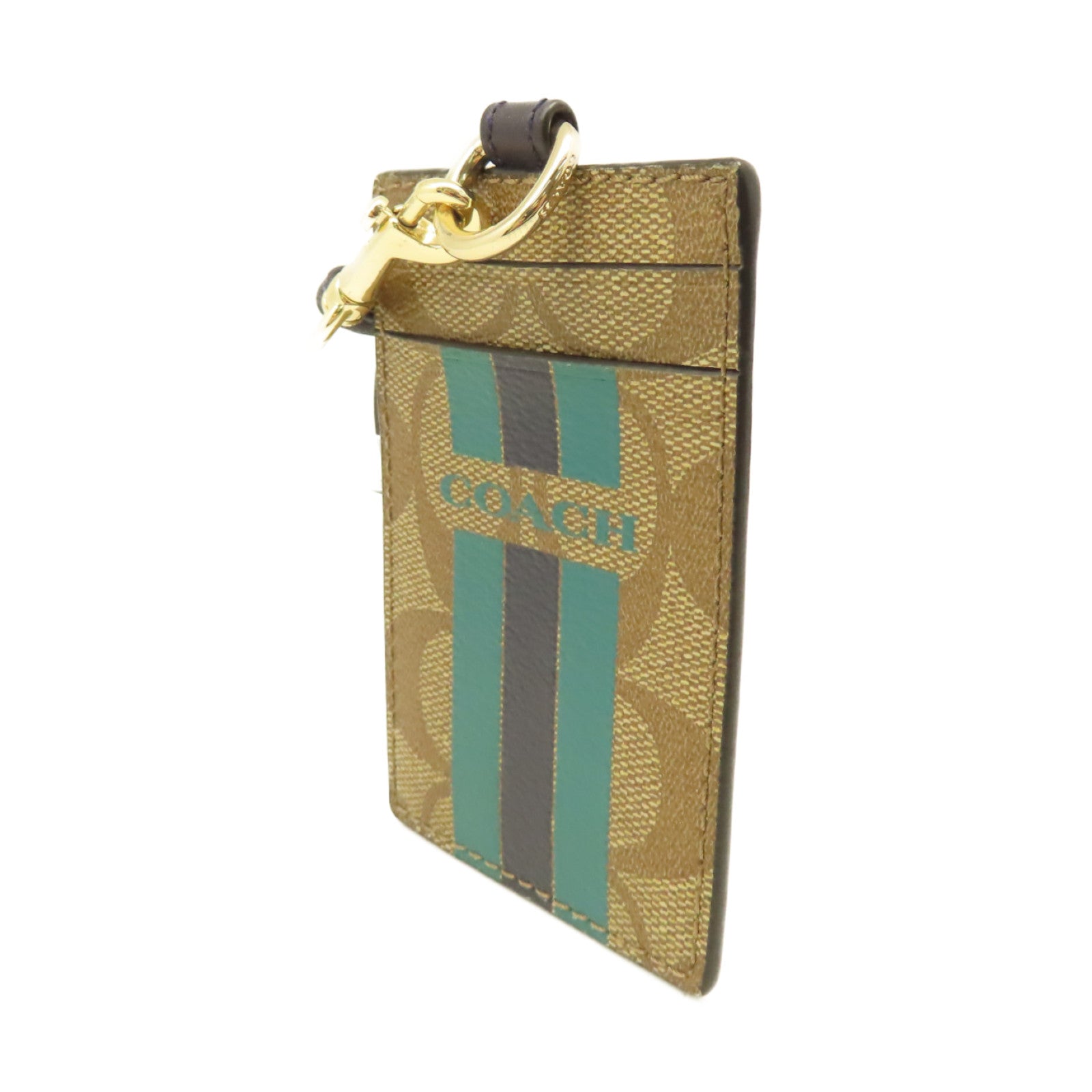 COACH 塗層帆布Card Case金扣卡片套啡色/綠色