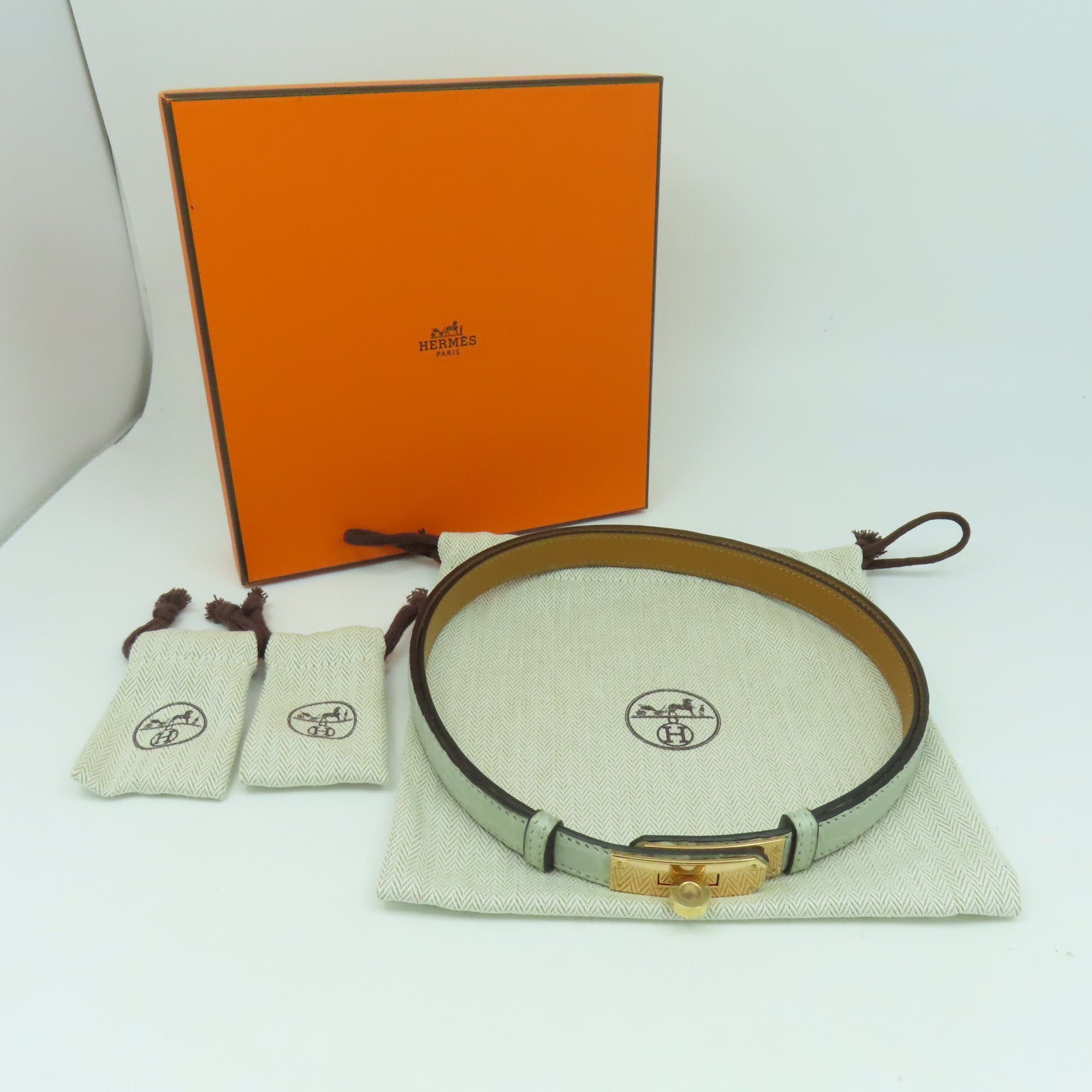 HERMES 【激減優惠】鱷魚皮革Kelly Belt金扣皮帶鼠尾草色
