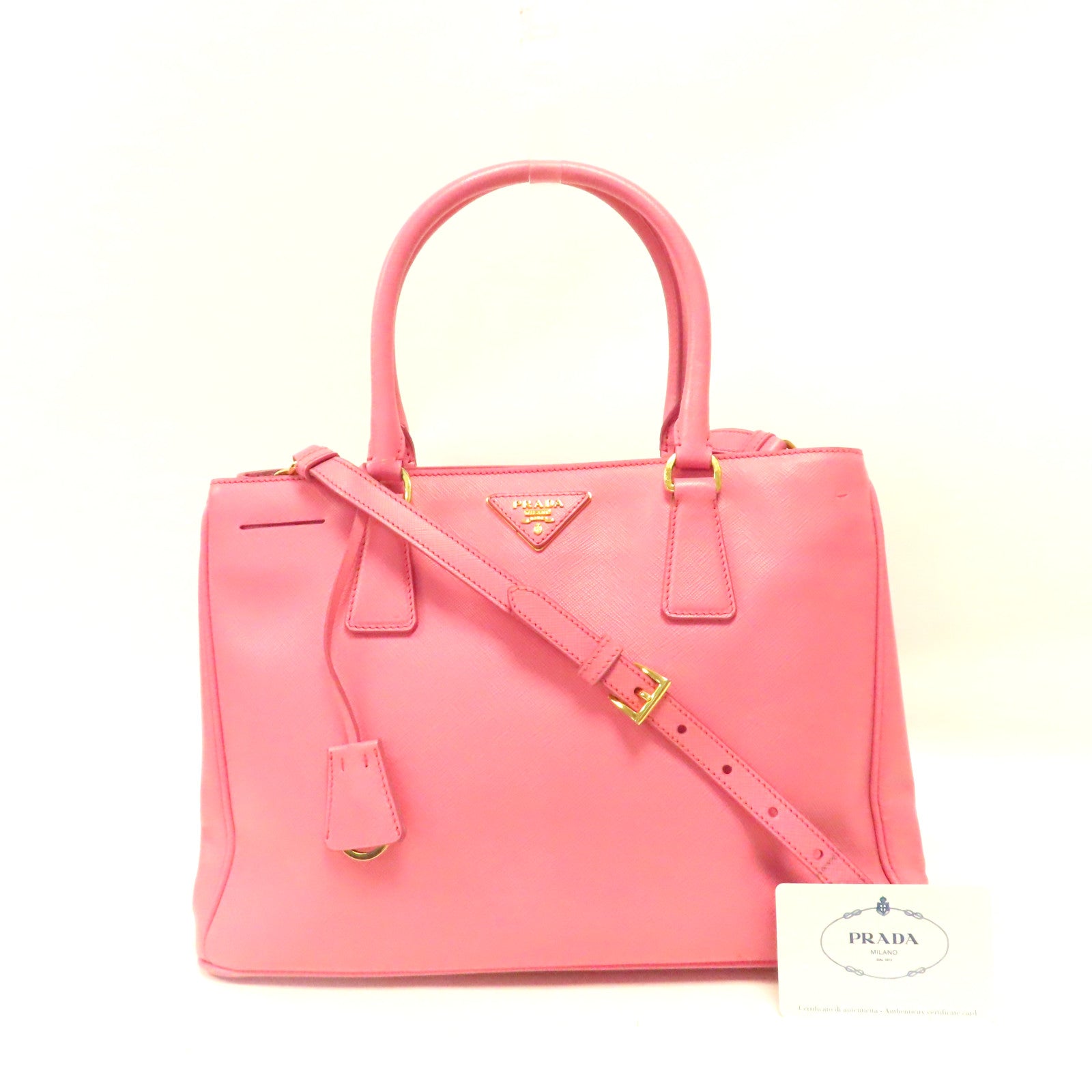 PRADA Saffiano皮革2 way Shoulder金扣手挽肩背兩用袋粉紅色