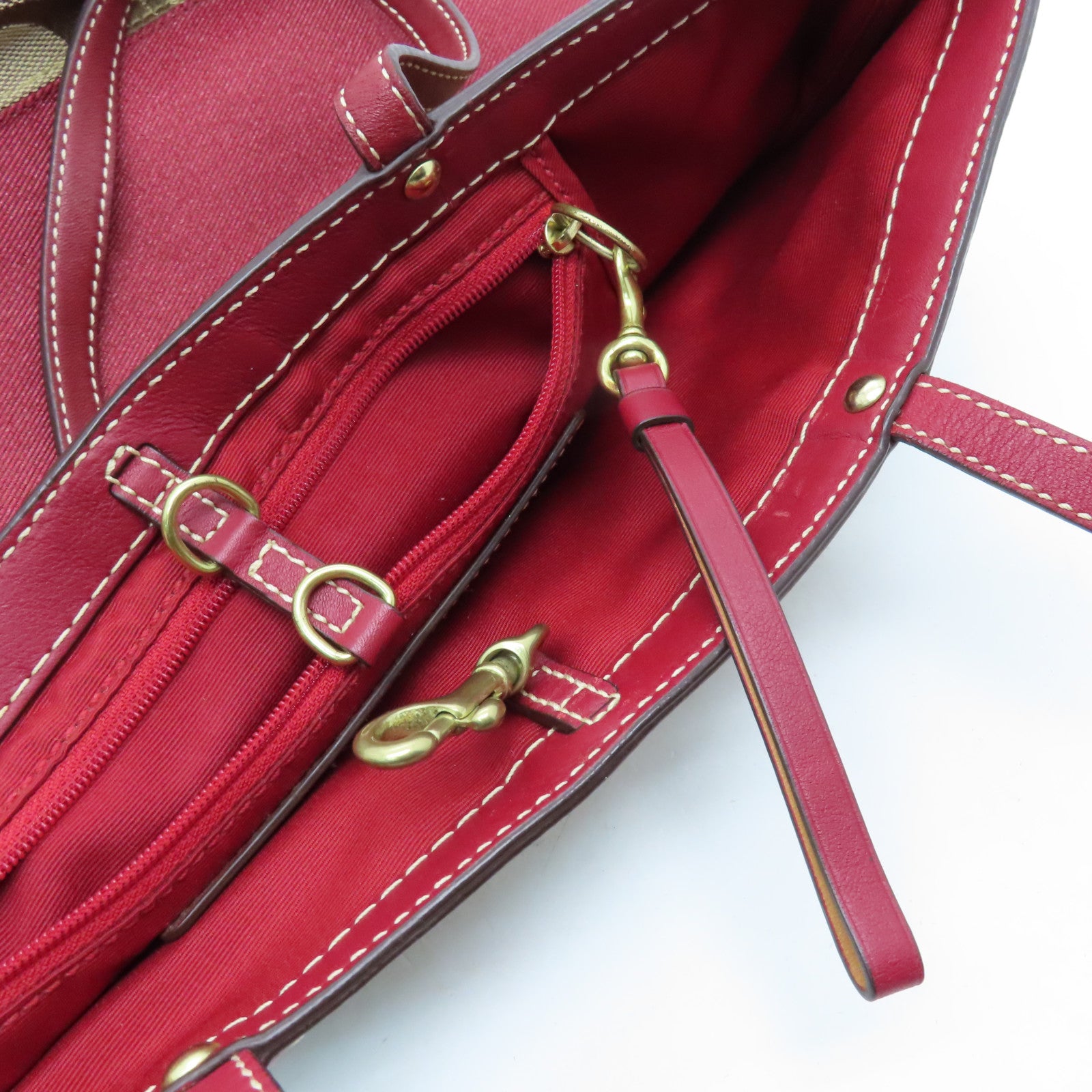 COACH Canvas Shoulder Bag Gold Buckle Brown/Red