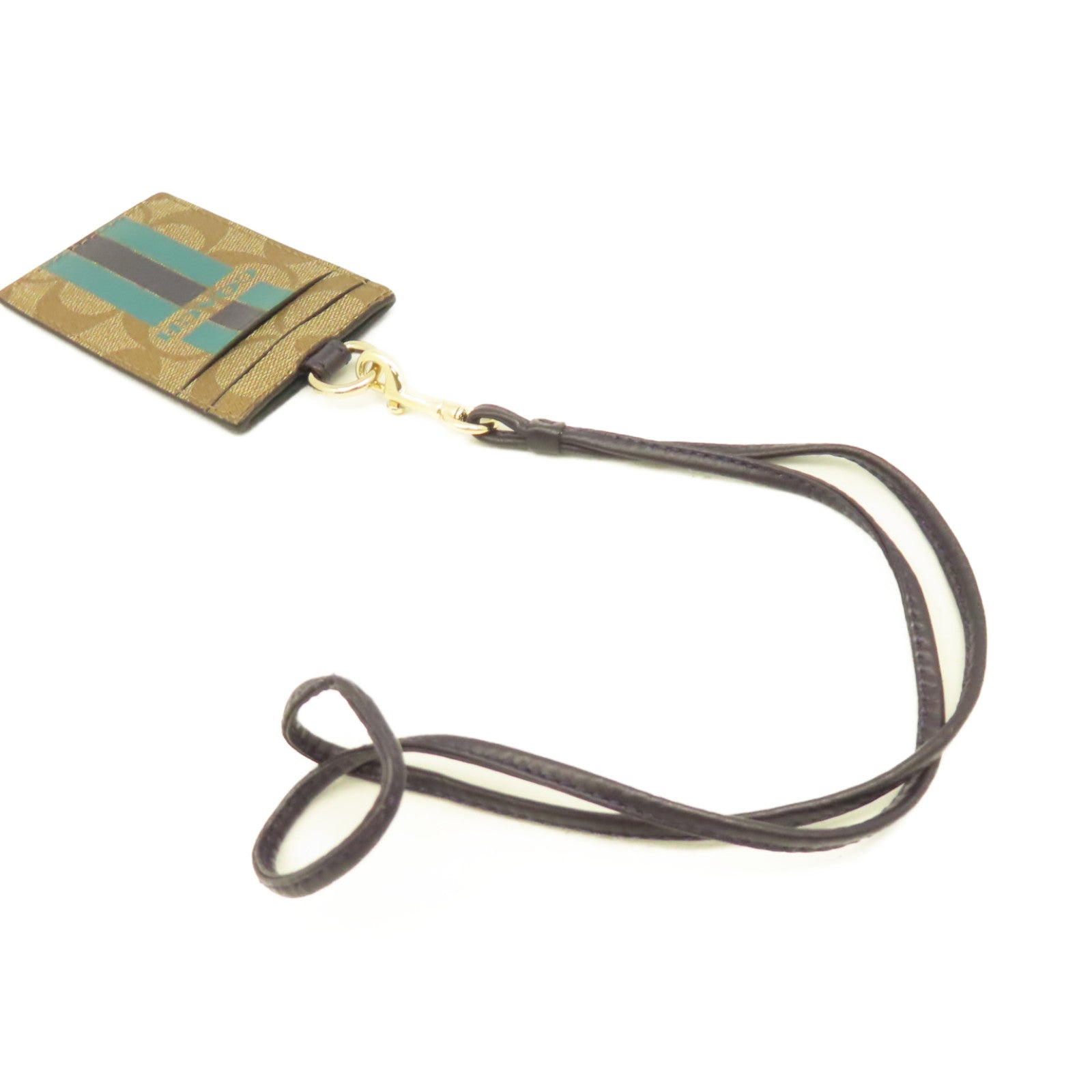 COACH 塗層帆布Card Case金扣卡片套啡色/綠色