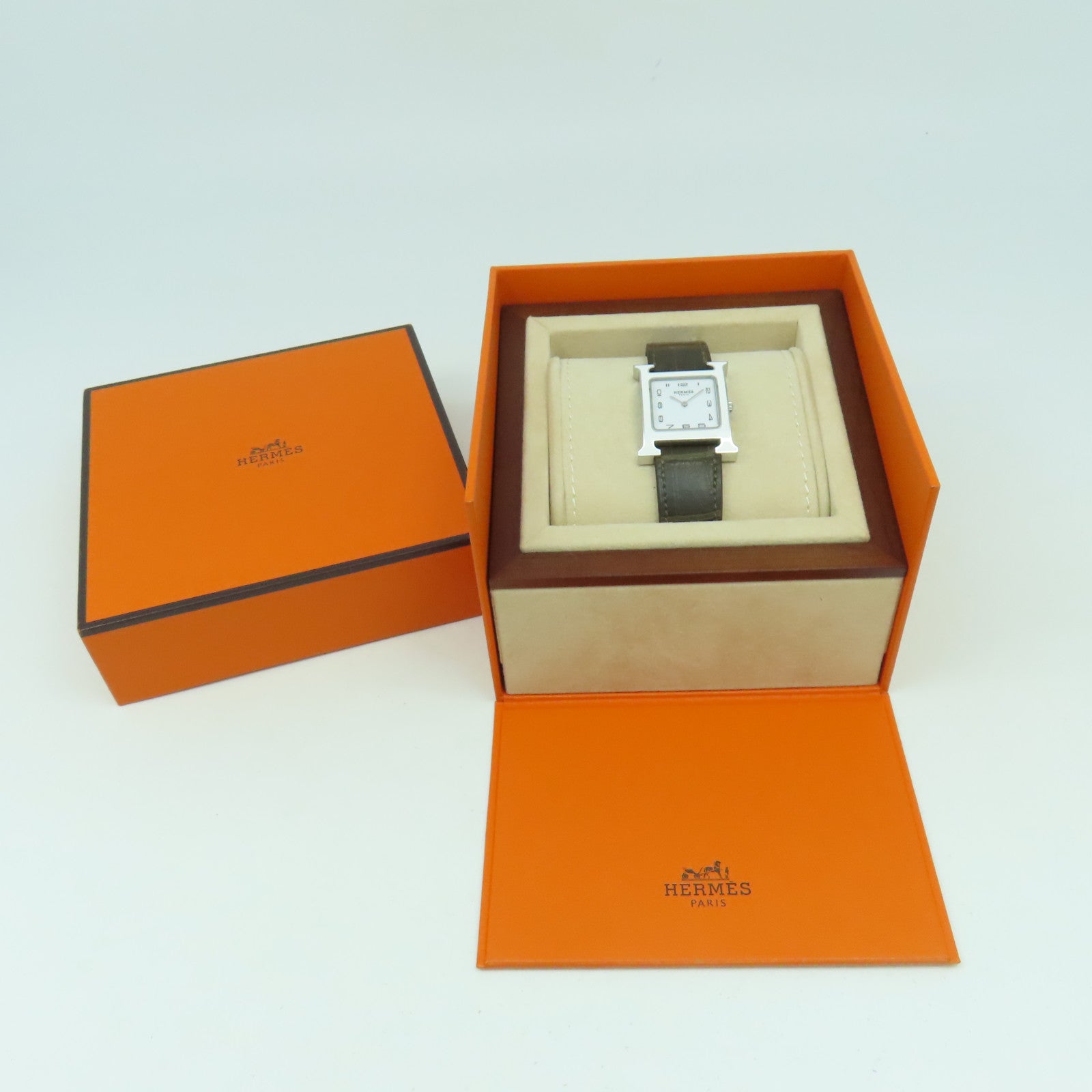 HERMES Heure H Watch不鏽鋼/皮革帶石英機芯手錶白色/啡色