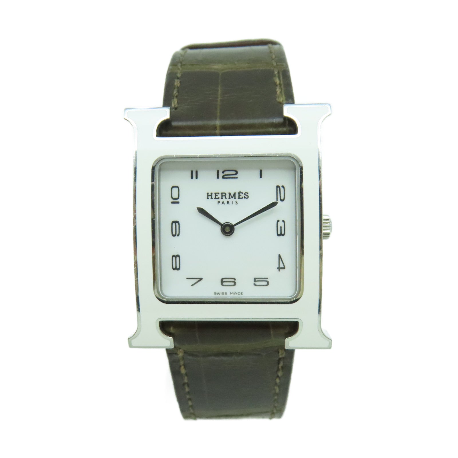 HERMES Heure H Watch不鏽鋼/皮革帶石英機芯手錶白色/啡色