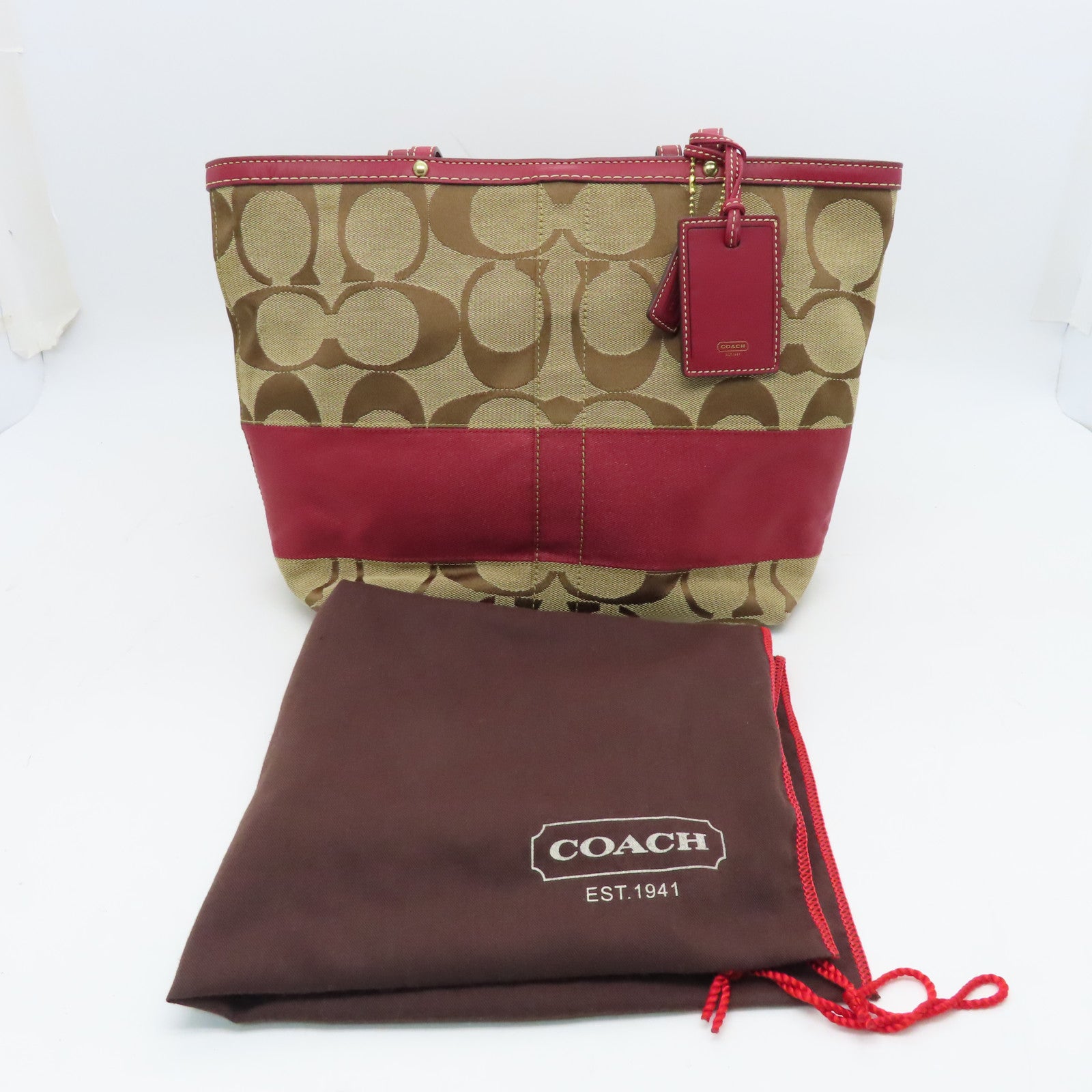 COACH Canvas Shoulder Bag Gold Buckle Brown/Red