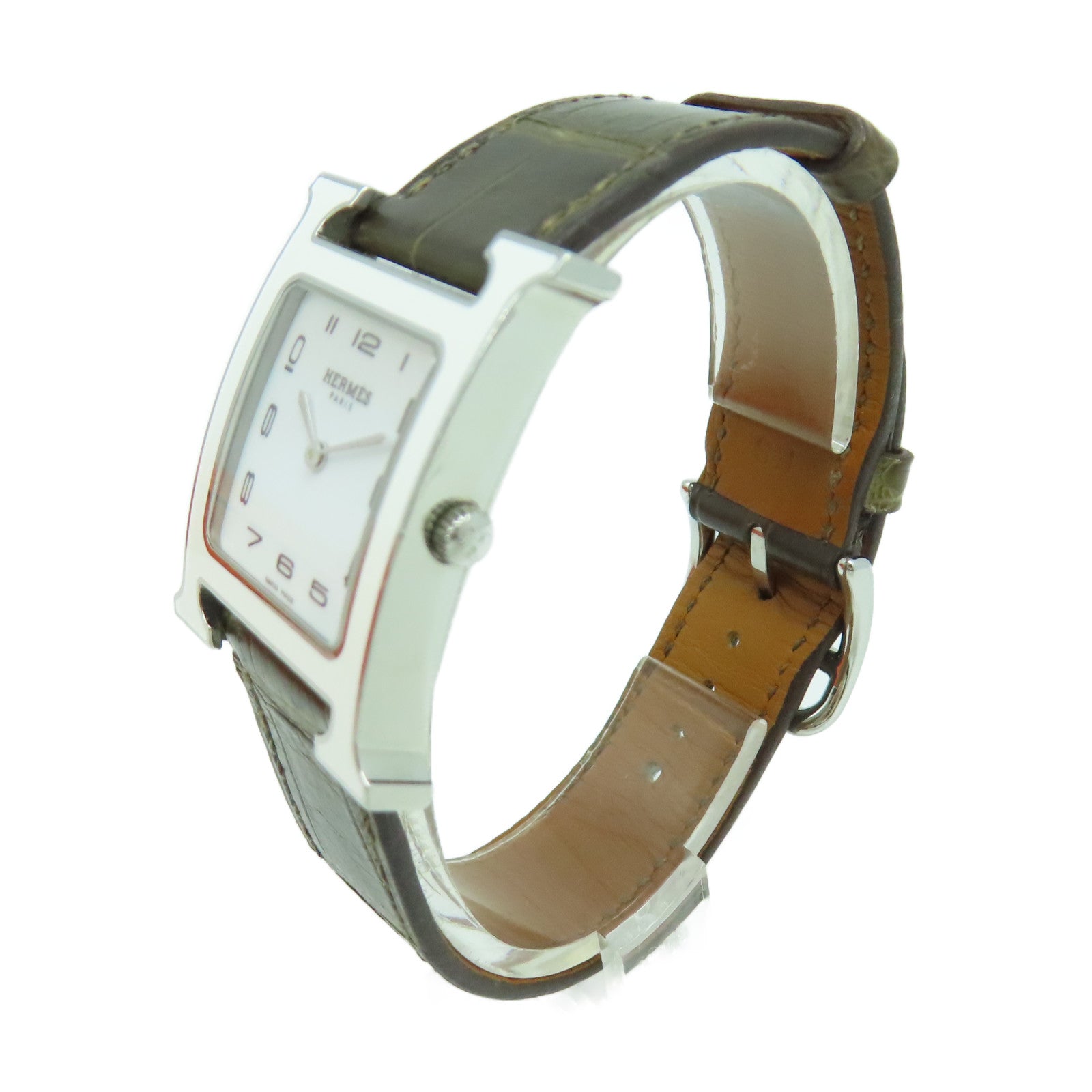 HERMES Heure H Watch不鏽鋼/皮革帶石英機芯手錶白色/啡色