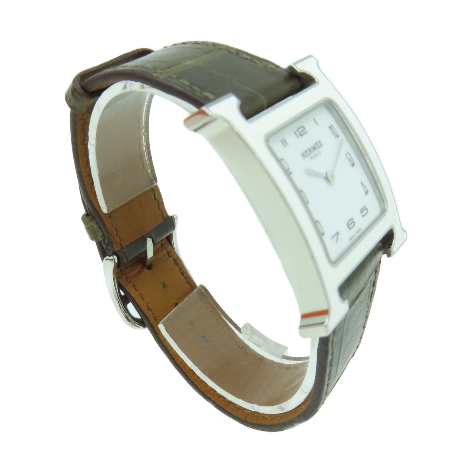 HERMES Heure H Watch不鏽鋼/皮革帶石英機芯手錶白色/啡色
