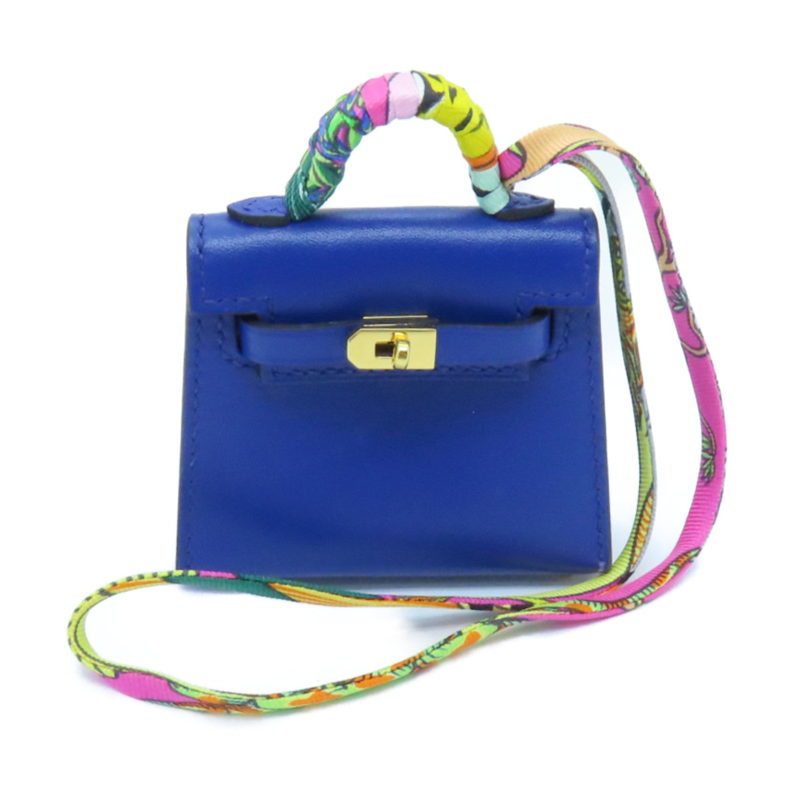 HERMES Tadelakt皮革Kelly Twilly Bag Charm金扣掛飾Bleu Electrique藍色