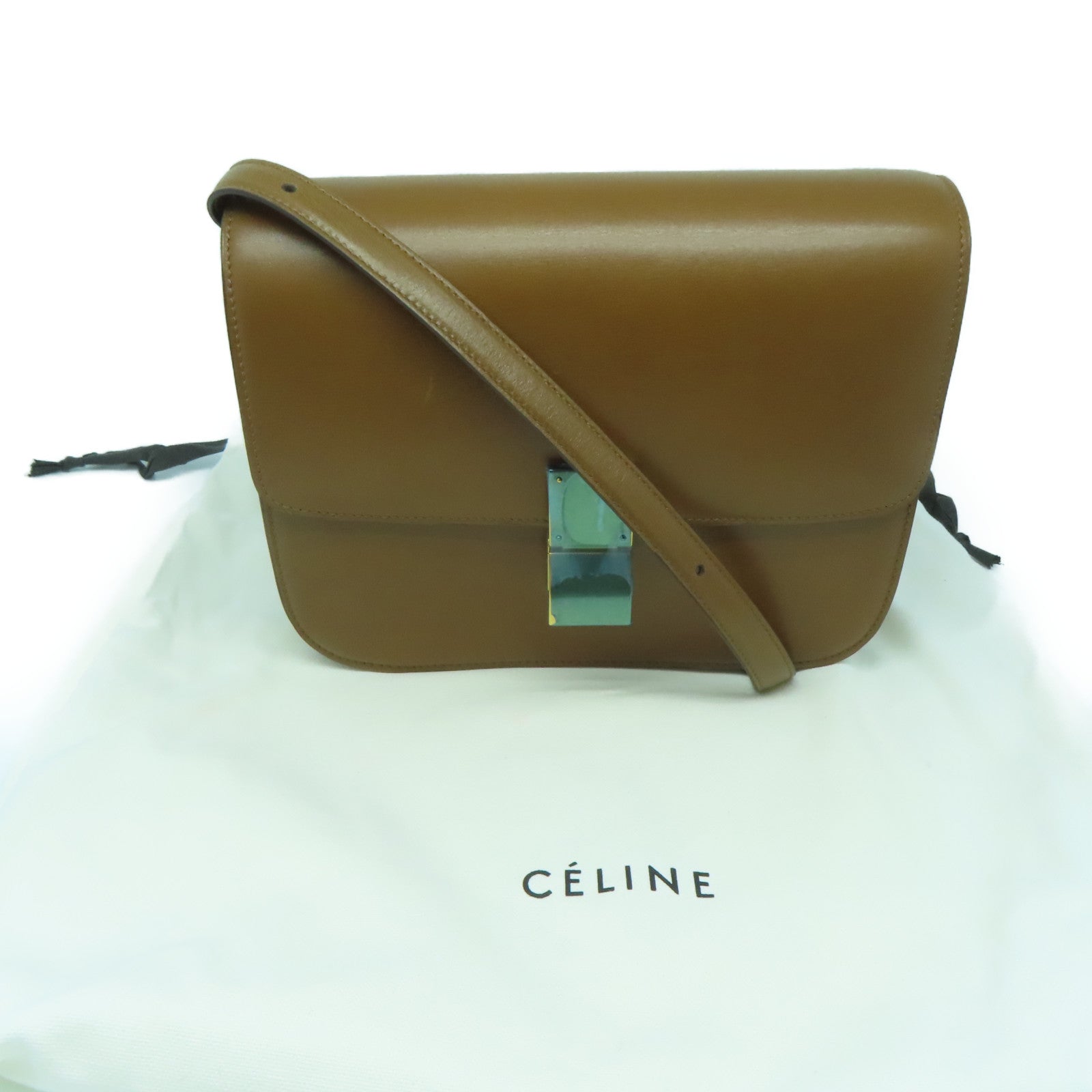 CELINE Cowhide Leather Box Shoulder Gold Buckle Shoulder Bag Brown