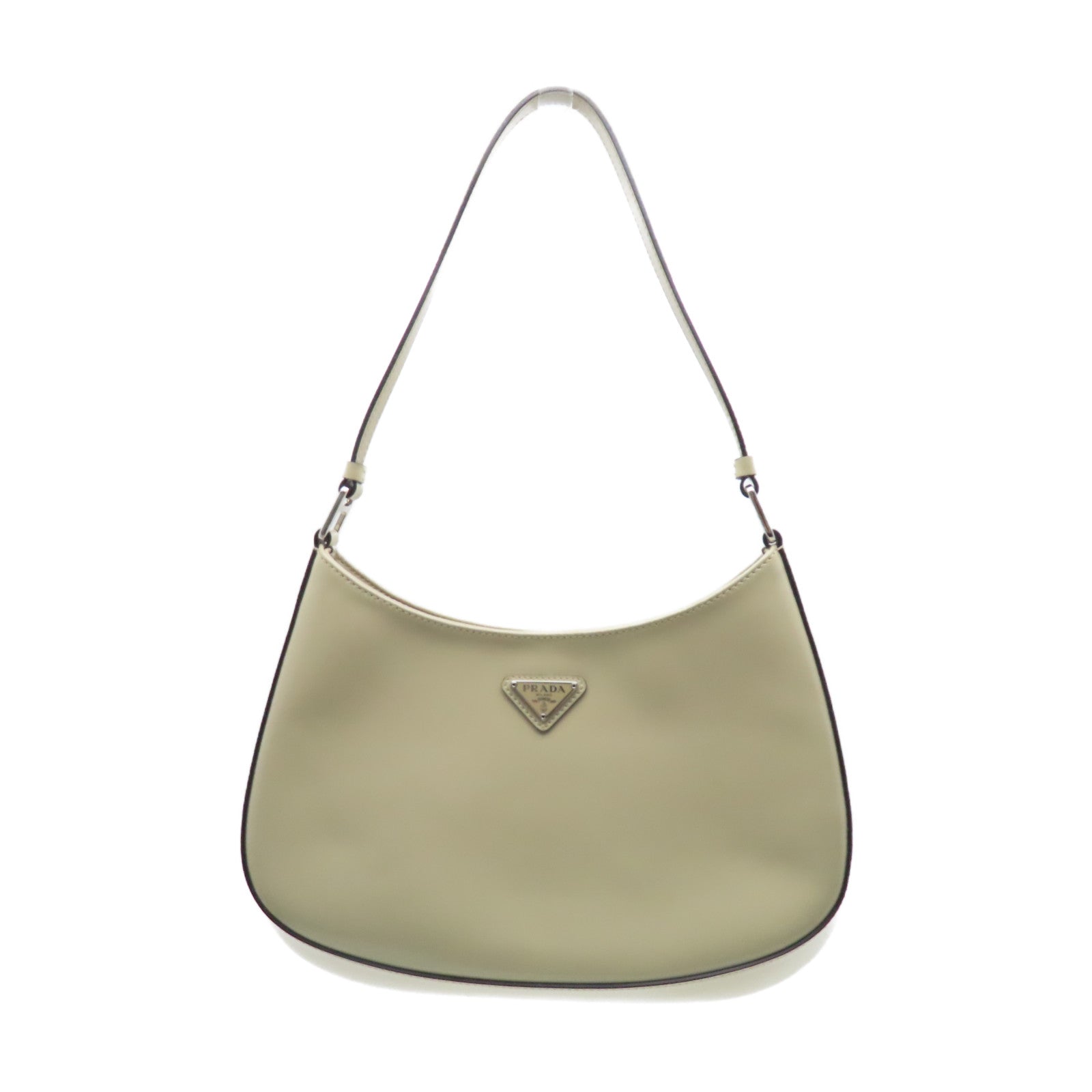 PRADA Cowhide Leather Shoulder Bag Silver Buckle Beige