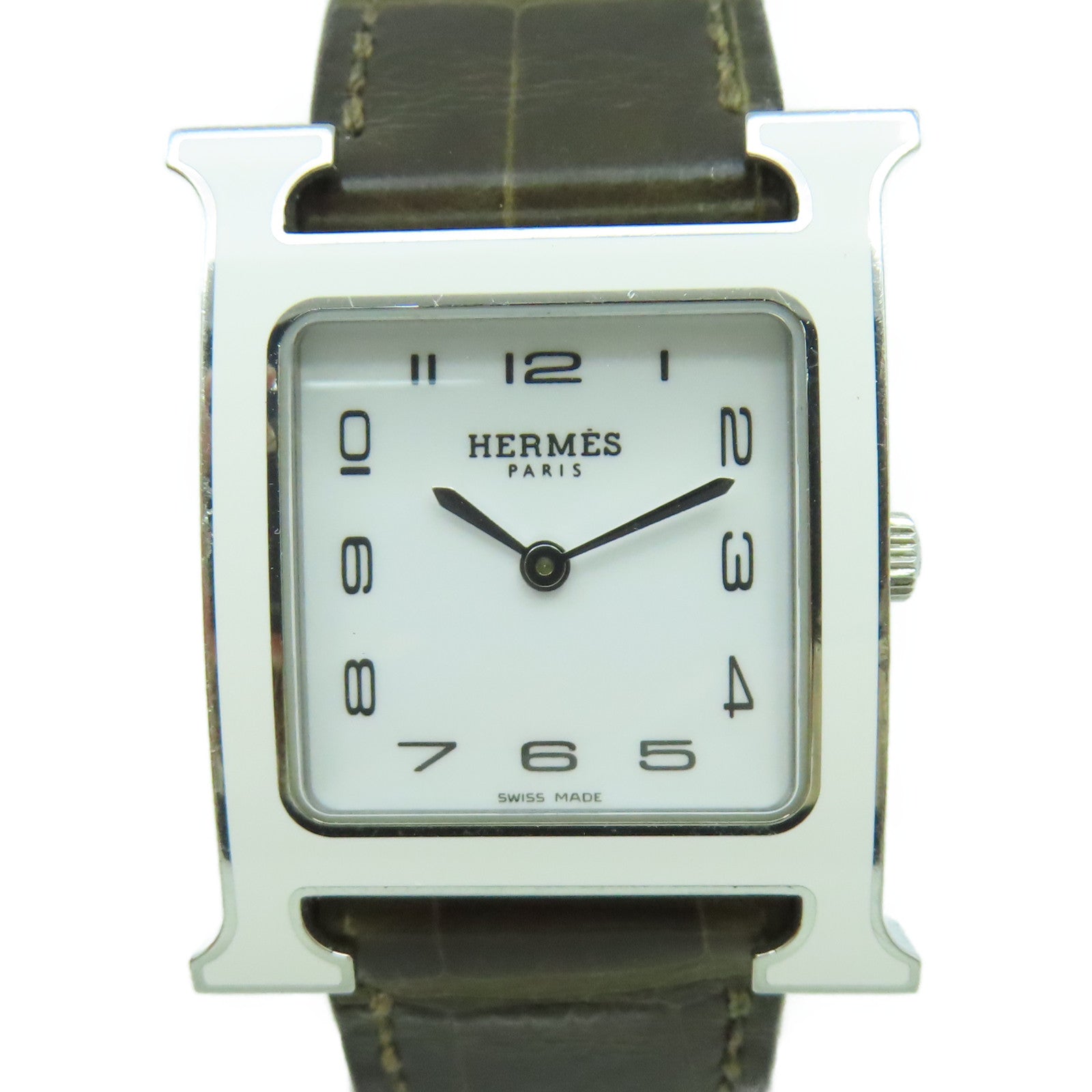 HERMES Heure H Watch不鏽鋼/皮革帶石英機芯手錶白色/啡色