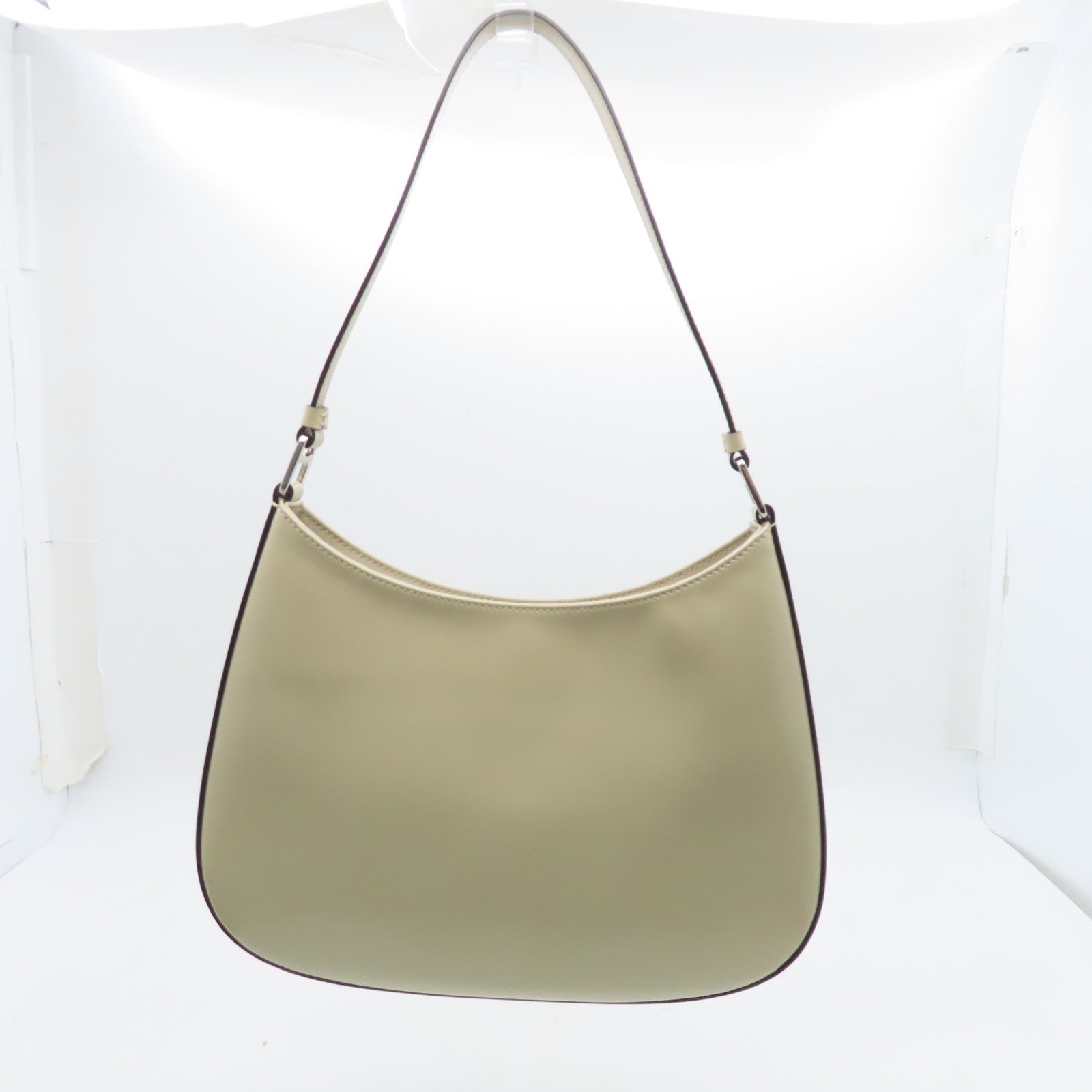PRADA Cowhide Leather Shoulder Bag Silver Buckle Beige
