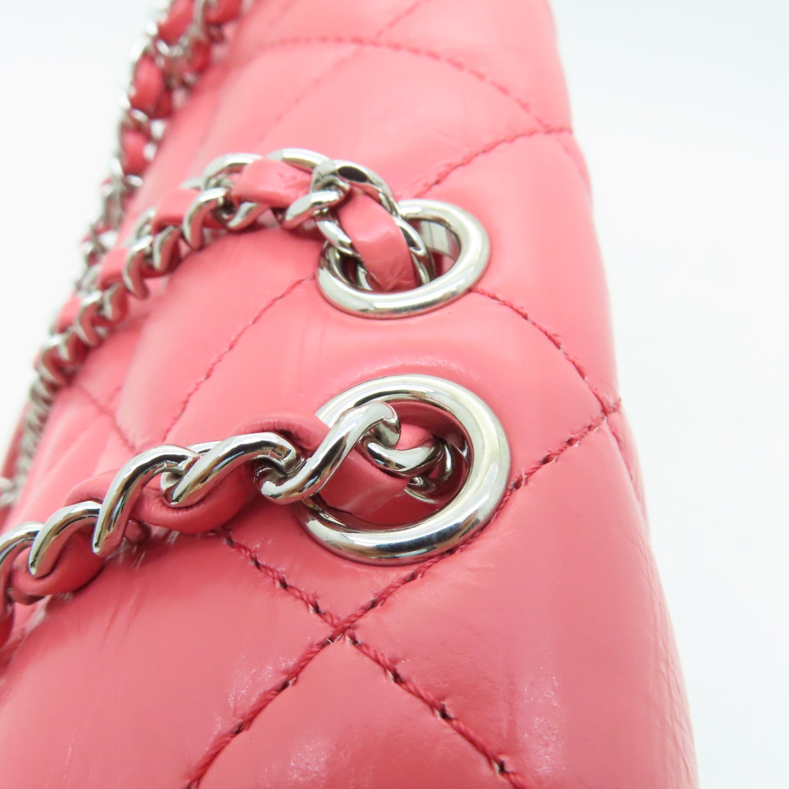 CHANEL 菱格Aged Calf皮革Chain Shoulder Bag銀扣鏈帶肩背袋粉紅色