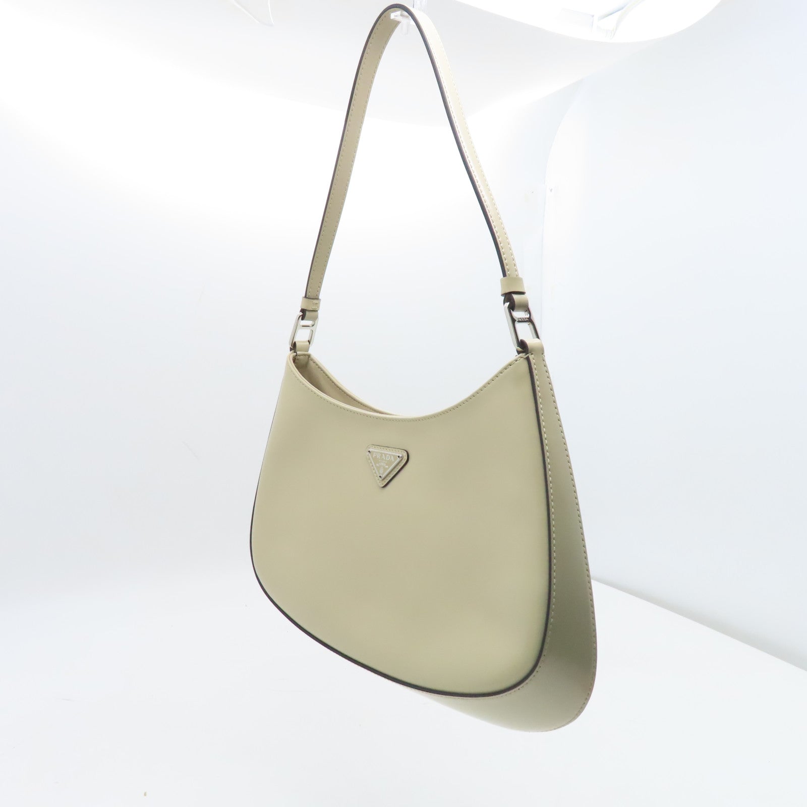 PRADA Cowhide Leather Shoulder Bag Silver Buckle Beige