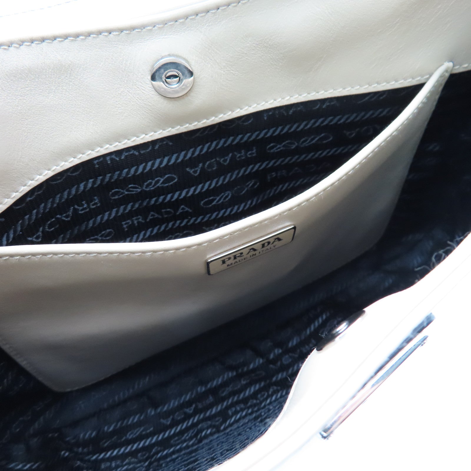 PRADA Cowhide Leather Shoulder Bag Silver Buckle Beige