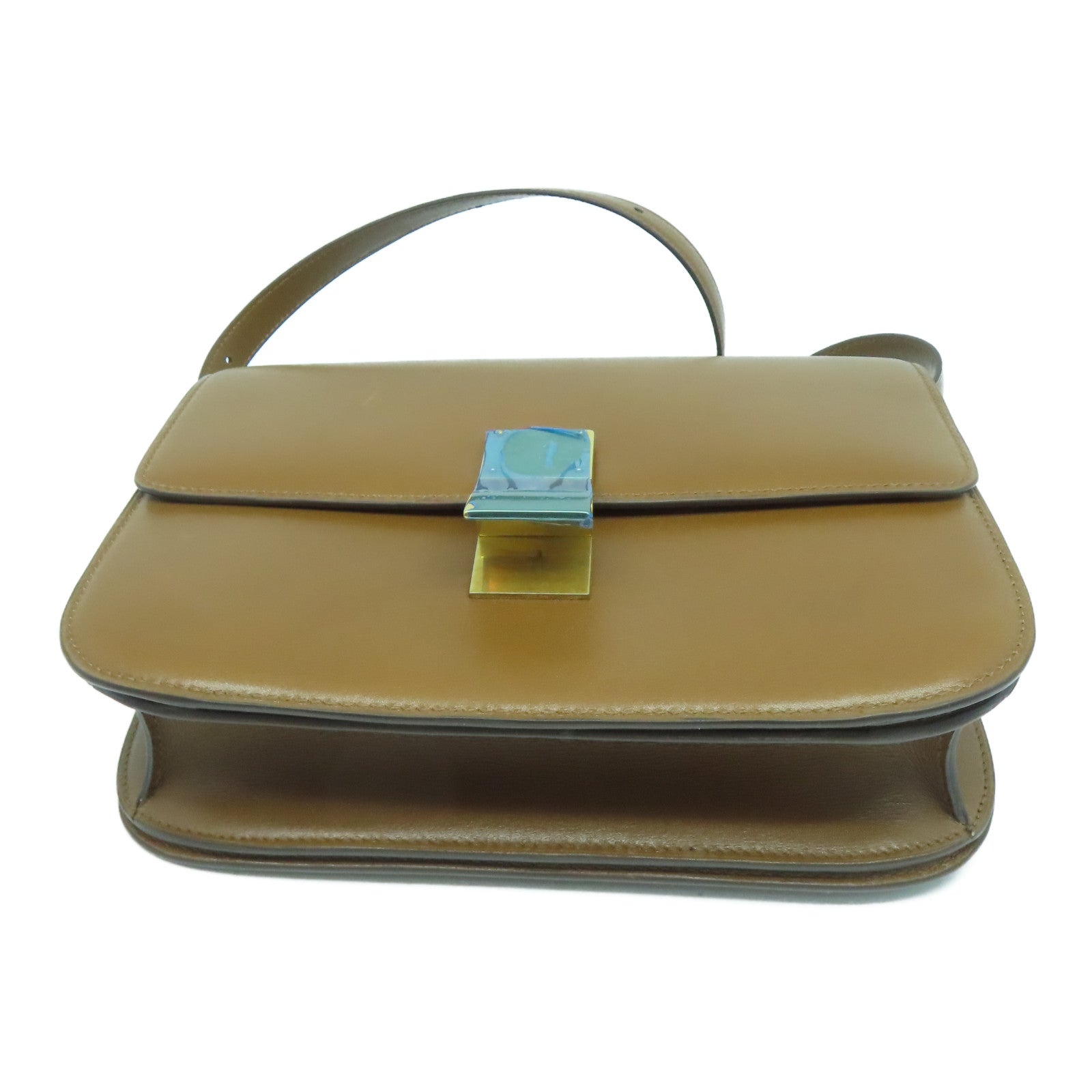 CELINE Cowhide Leather Box Shoulder Gold Buckle Shoulder Bag Brown