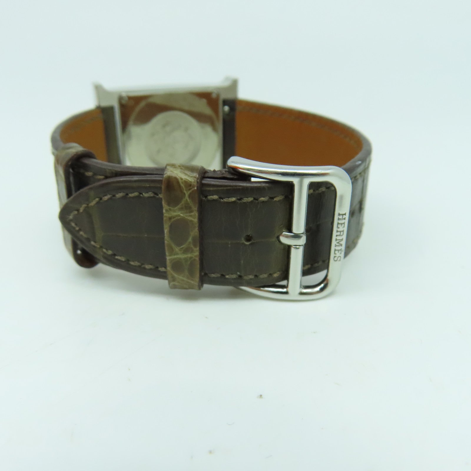 HERMES Heure H Watch不鏽鋼/皮革帶石英機芯手錶白色/啡色