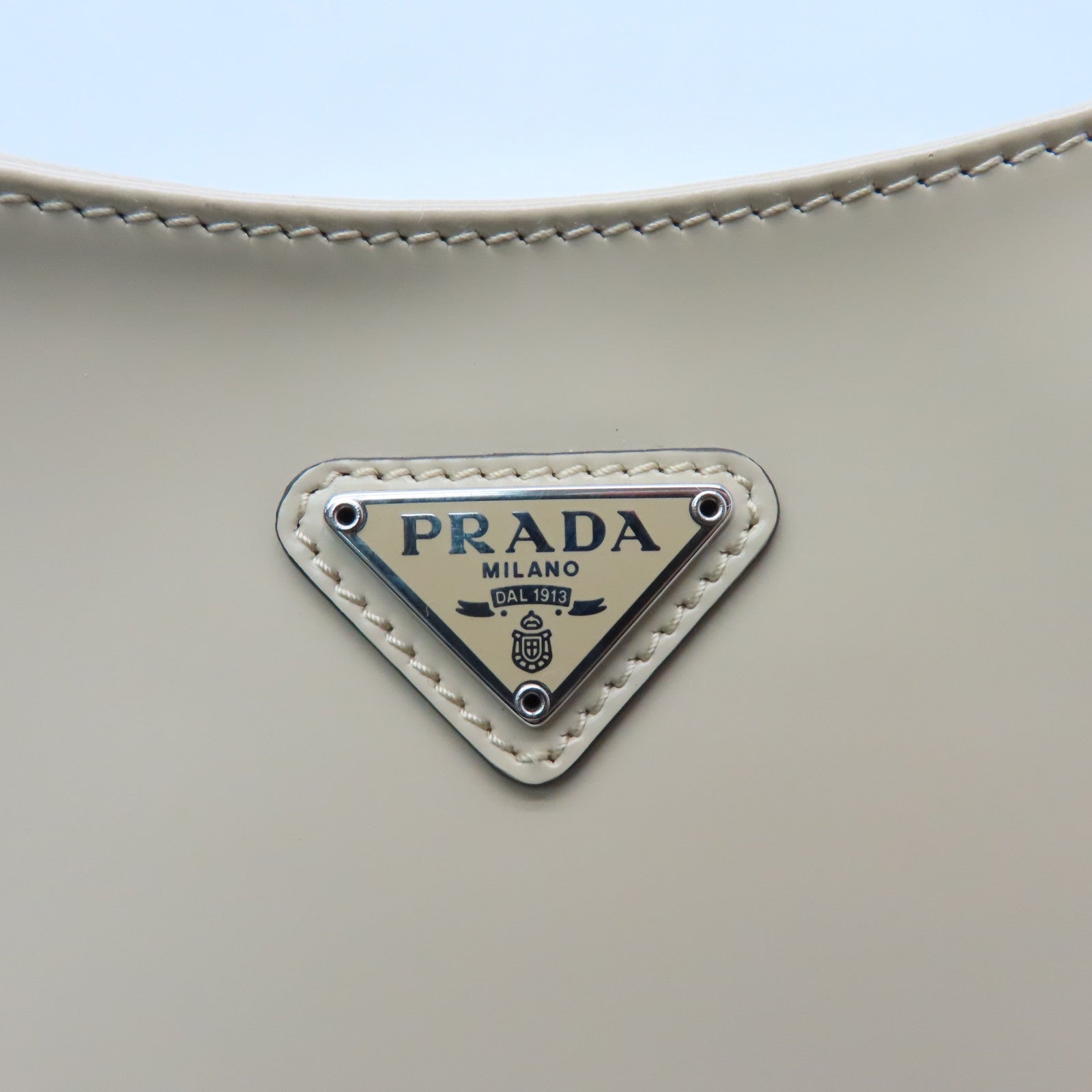 PRADA Cowhide Leather Shoulder Bag Silver Buckle Beige