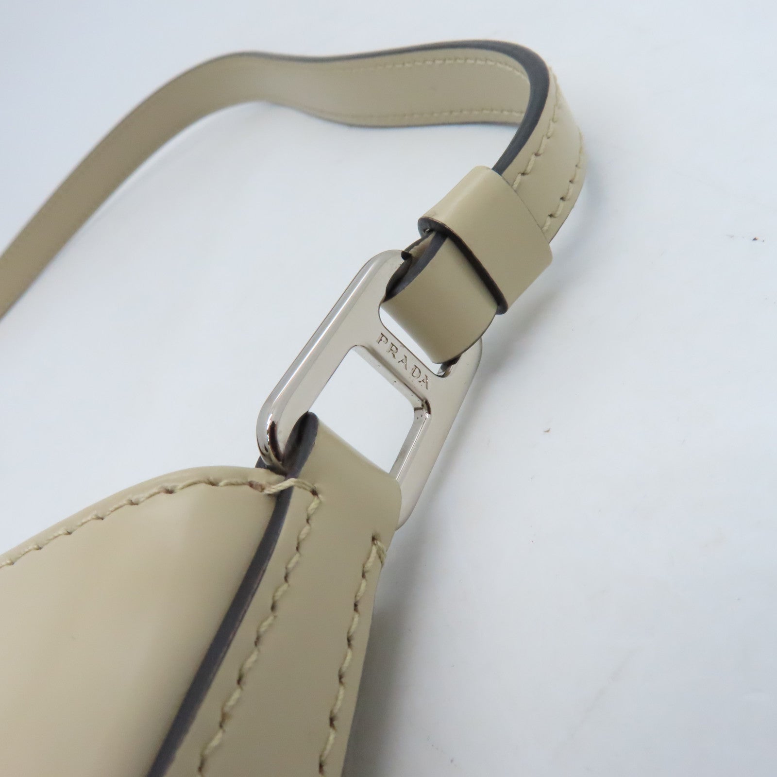 PRADA Cowhide Leather Shoulder Bag Silver Buckle Beige
