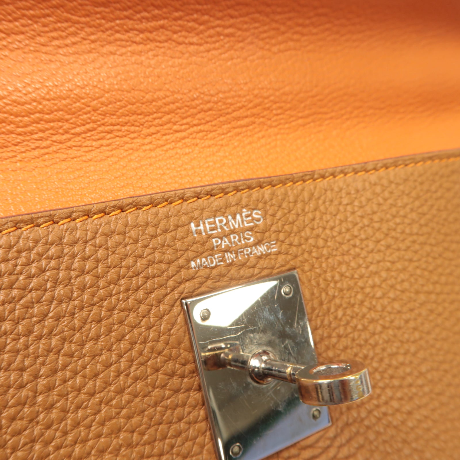 HERMES Togo皮革Kelly 35銀扣手挽肩背兩用袋啡色/橙色