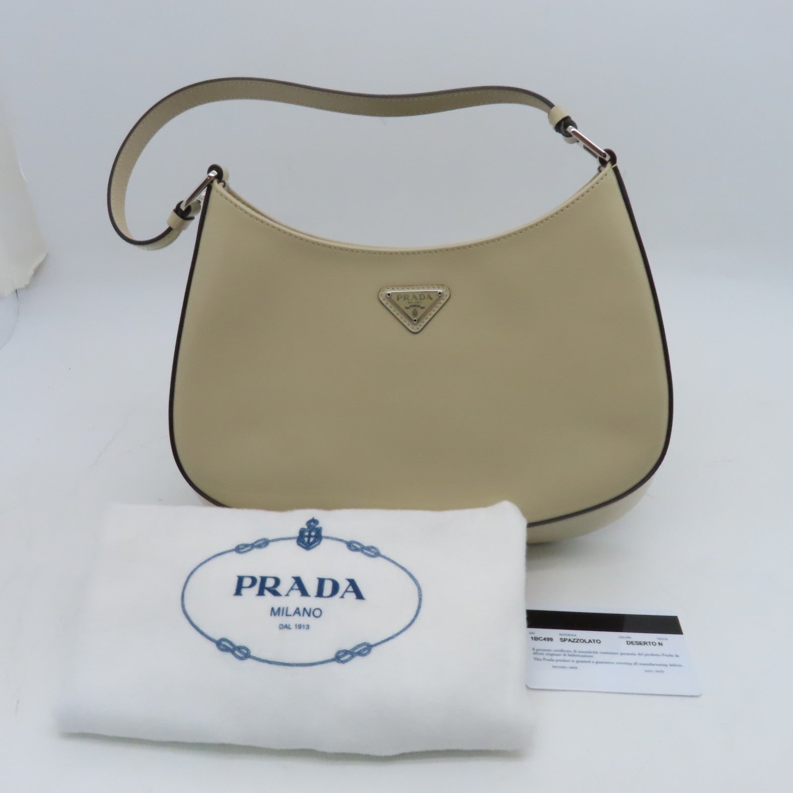 PRADA Cowhide Leather Shoulder Bag Silver Buckle Beige