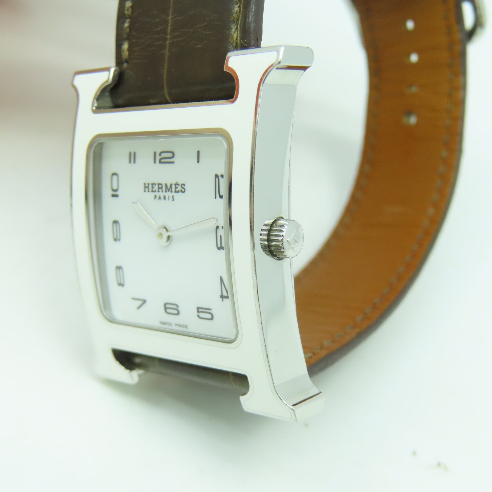 HERMES Heure H Watch不鏽鋼/皮革帶石英機芯手錶白色/啡色