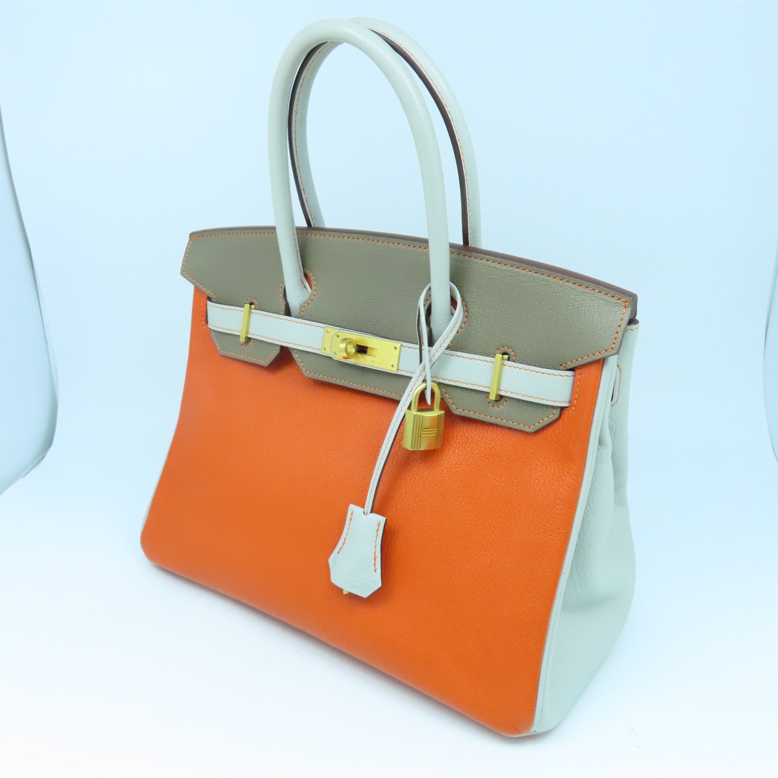 HERMES Chevre皮革Birkin 30金扣手挽袋橙色/大象灰/珍珠灰