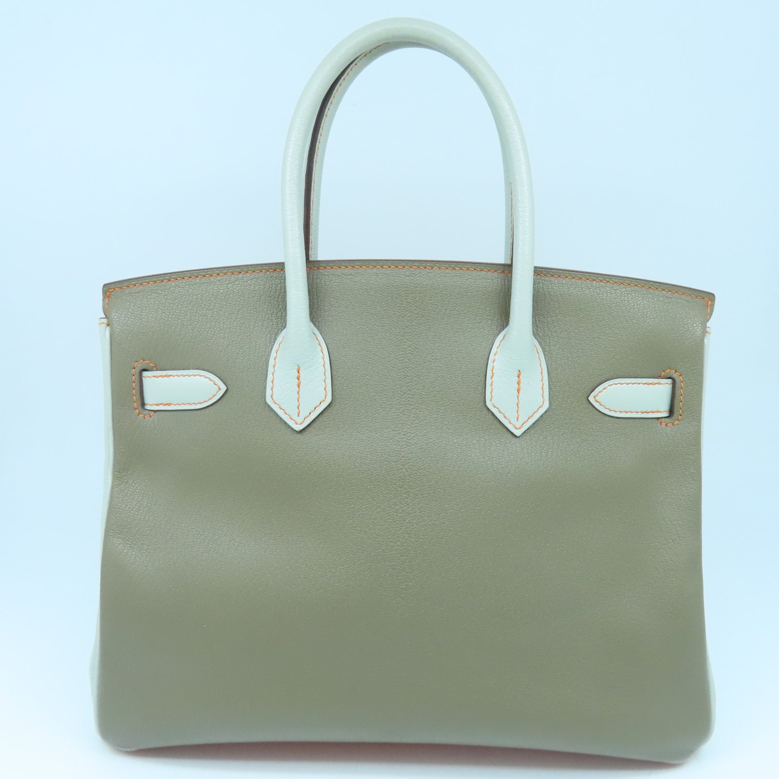 HERMES Chevre皮革Birkin 30金扣手挽袋橙色/大象灰/珍珠灰