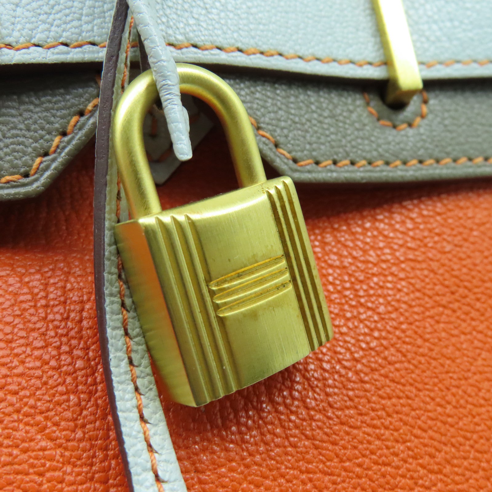 HERMES Chevre皮革Birkin 30金扣手挽袋橙色/大象灰/珍珠灰