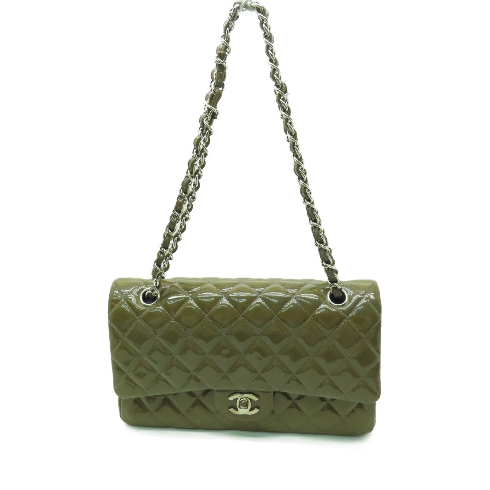 CHANEL 菱格漆皮皮革Chain Shoulder銀扣鏈帶肩背袋啡色