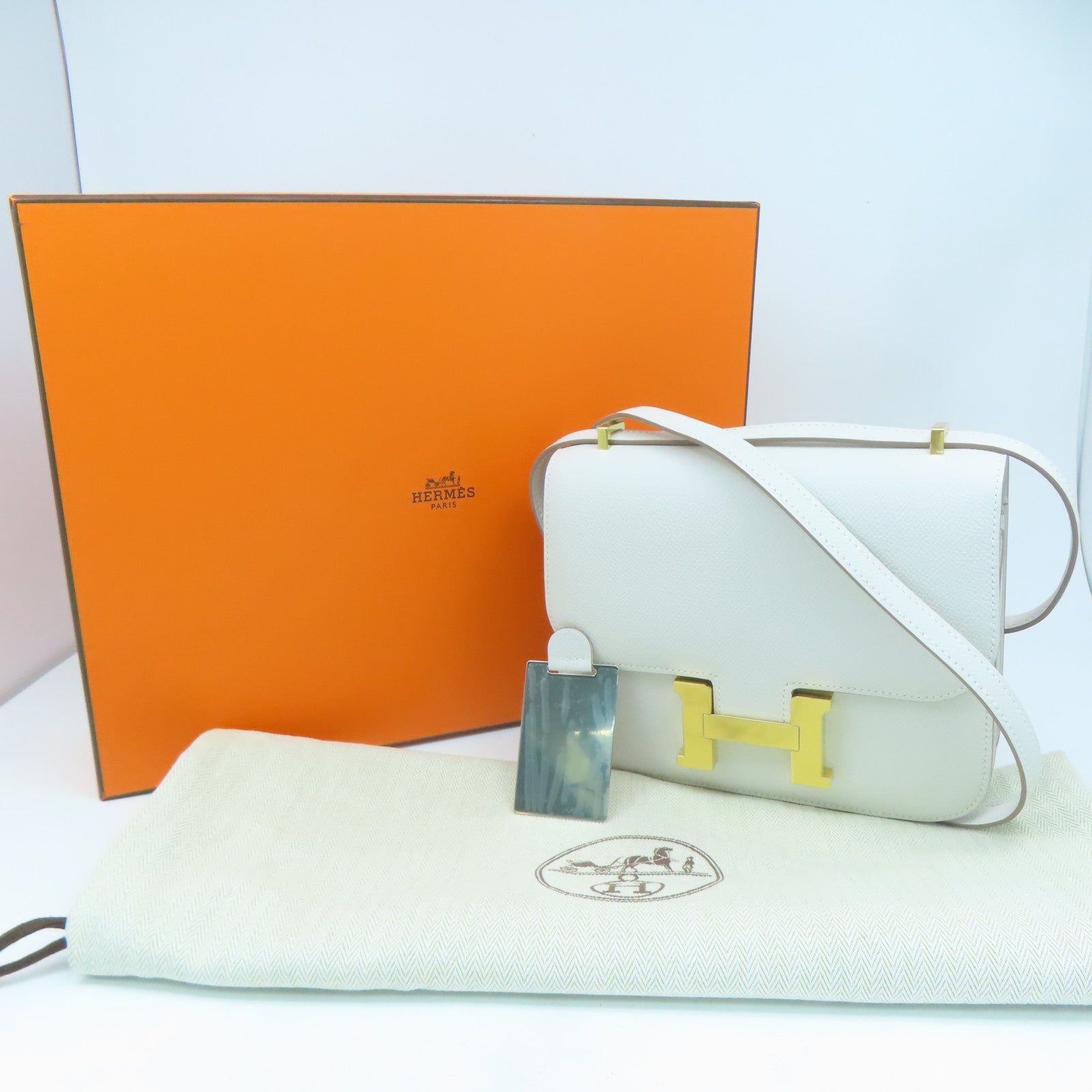 HERMES Veau Epsom皮革Constance Mini金扣肩背袋白色