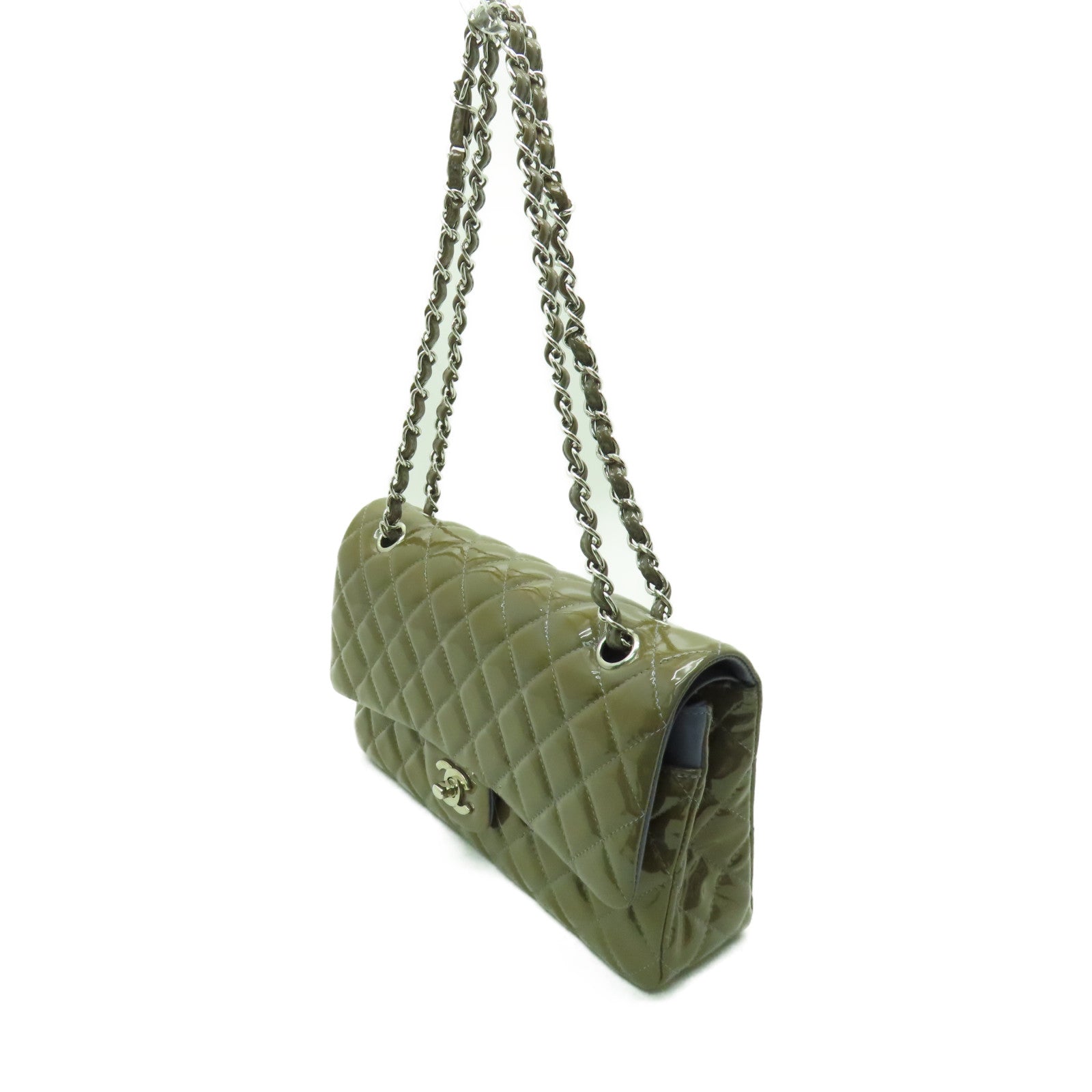CHANEL 菱格漆皮皮革Chain Shoulder銀扣鏈帶肩背袋啡色